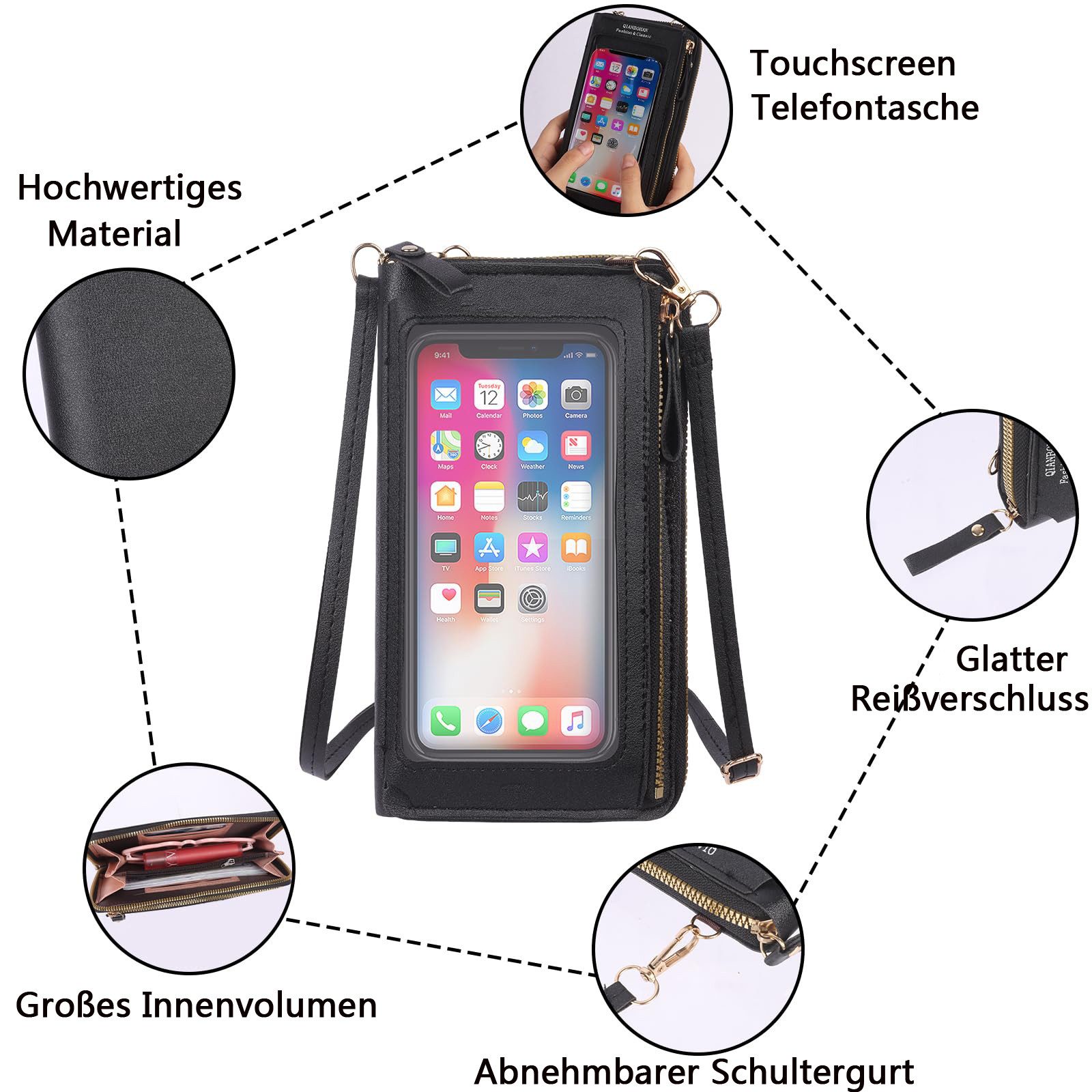 Coonoor Handytasche zum Umhängen Universal Handy Tasche Kleine Umhängetasche Damen, mit Handykette