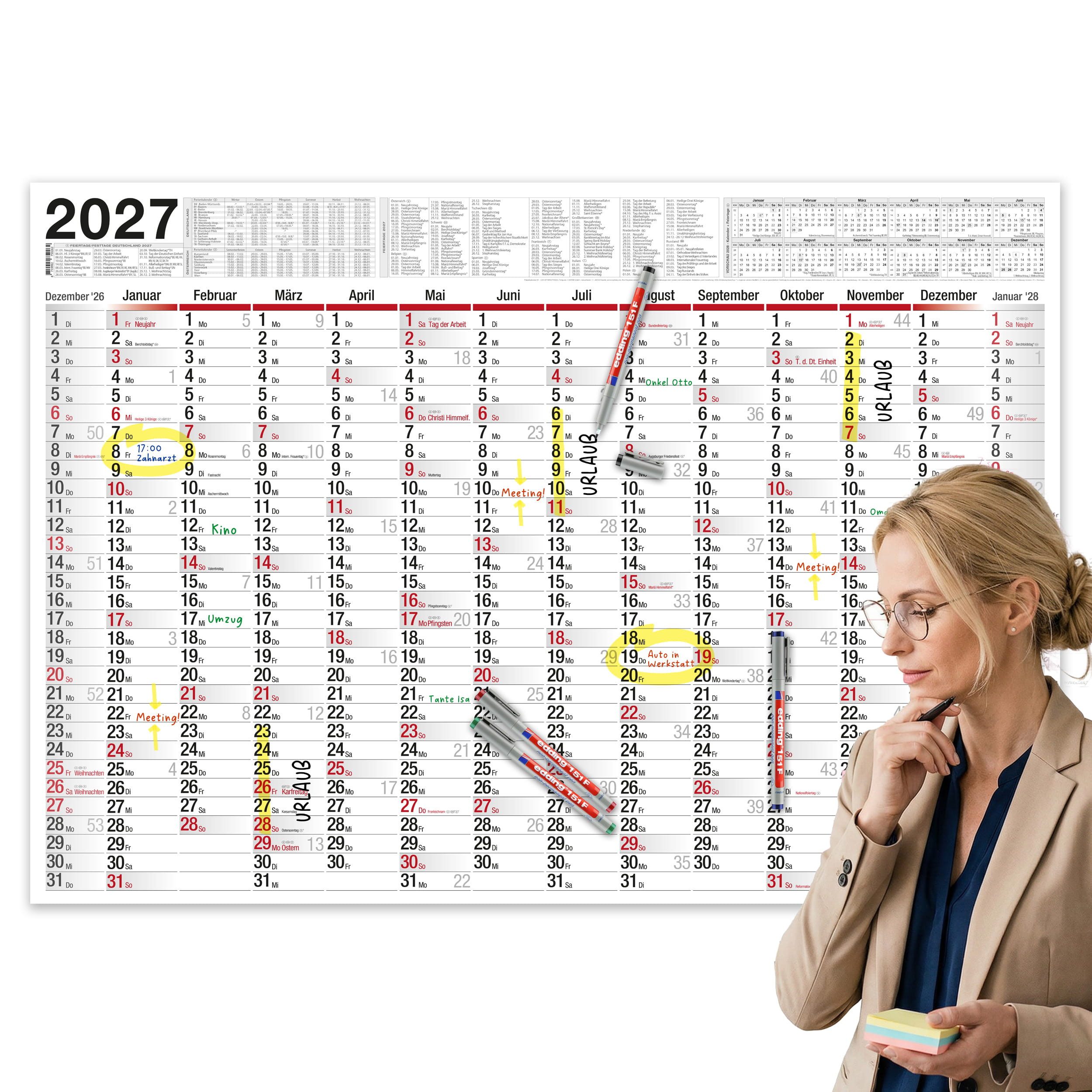 TOBJA Wandkalender Wandkalender 2027 XXL B1 Abwischbar 4 Stifte 70x100 cm, Abwischbar, 4 Edding-Stifte, 14 Monate, KW