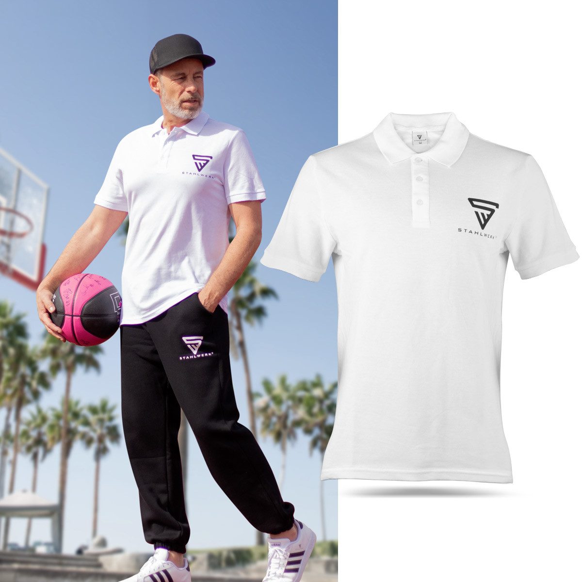 STAHLWERK Poloshirt Polo-Shirt Größe XXL Weiß Kurzarm Polo-Hemd (Packung, 1-tlg) in Unifarbe mit lizensiertem Print, aus Baumwolle