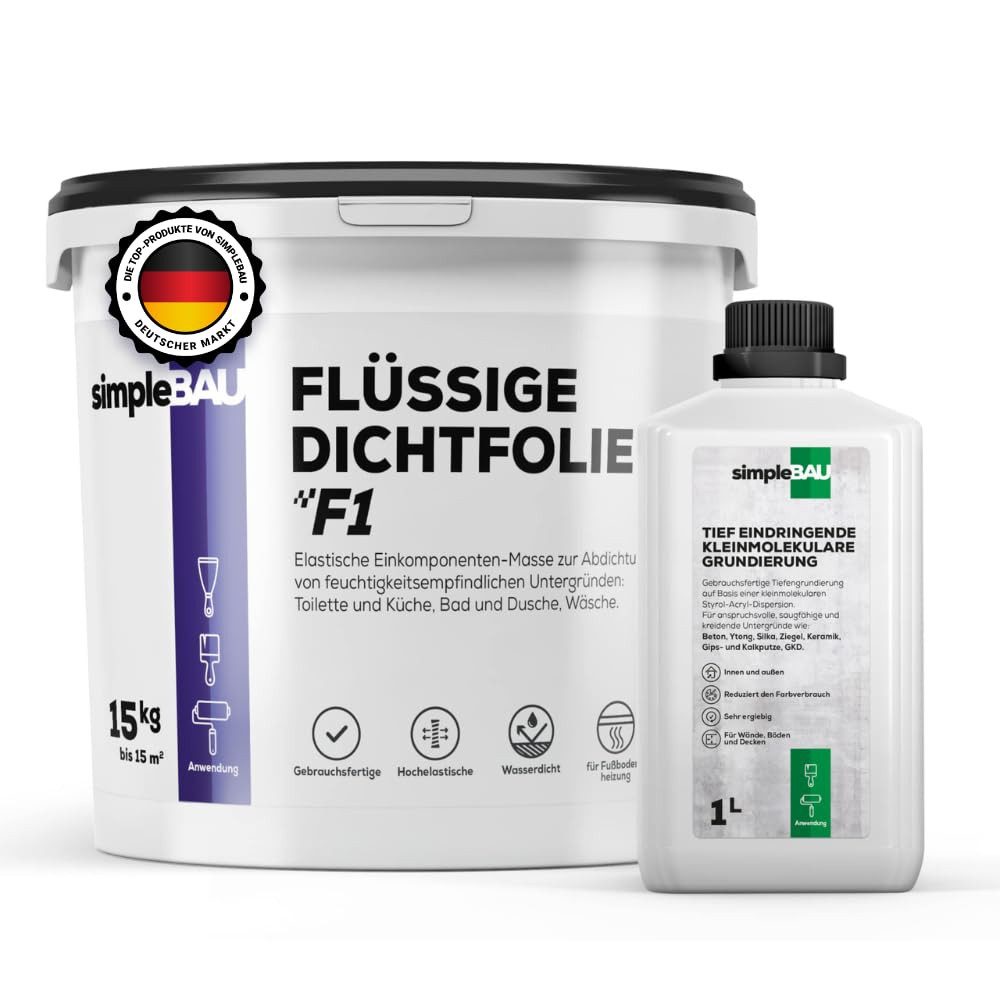 simpleBAU Dichtstoff Flüssige Dichtfolie F1 15 kg und Tiefengrund 1L - Lösemittelfrei