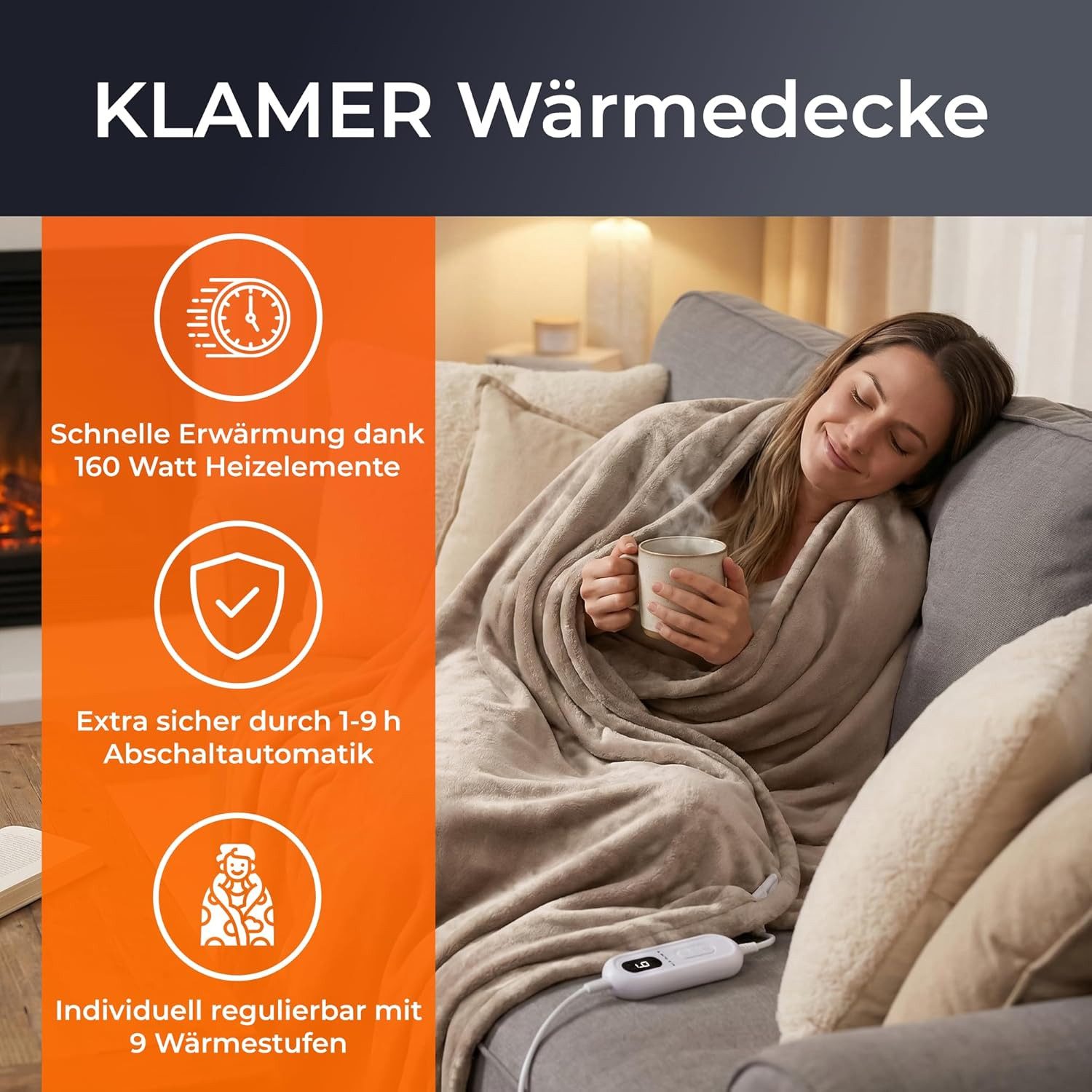KLAMER Heizdecke mit Abschaltautomatik, 180x130 cm, waschbare Wärmedecke, 9 Temperatur…