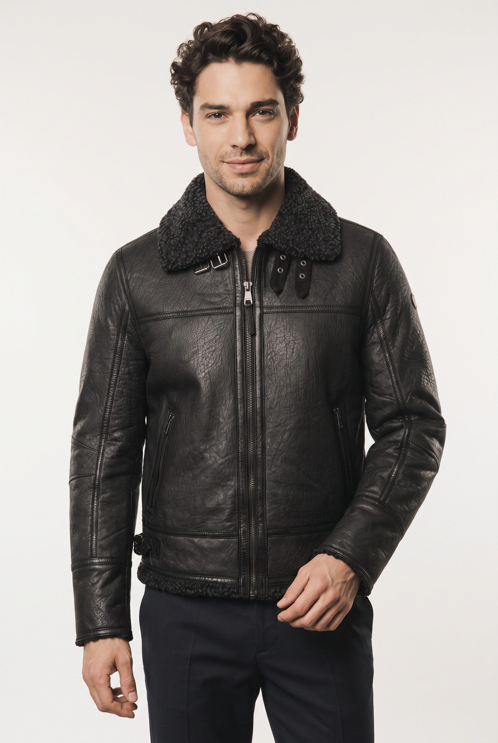 Mauritius Lederjacke MMPolarforce (mauritiusHerren26) im Sherpa-Look mit Besatz am Kragen
