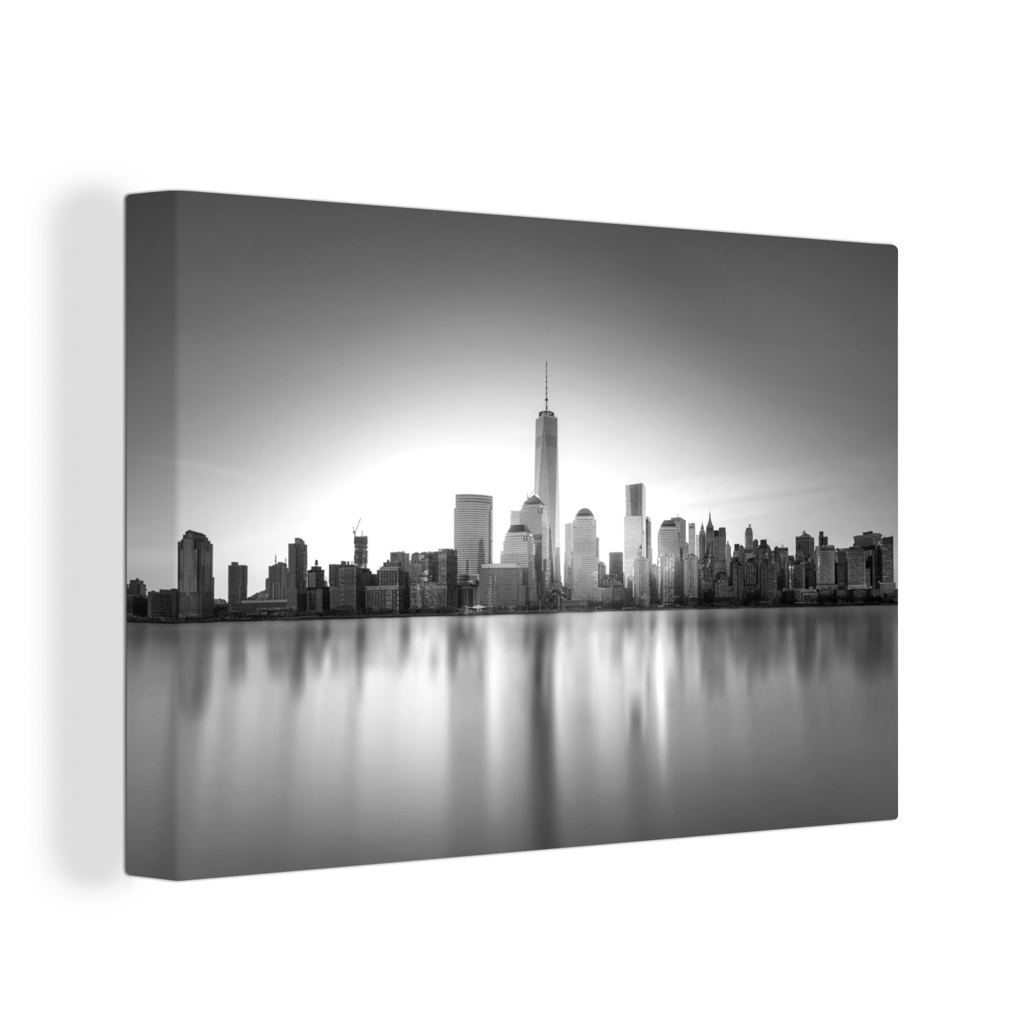 OneMillionCanvasses® Leinwandbild Skyline von New York City am Wasser - schwarz und weiß, (1 St), Wandbild Leinwandbilder, Aufhängefertig, Wanddeko, 30x20 cm