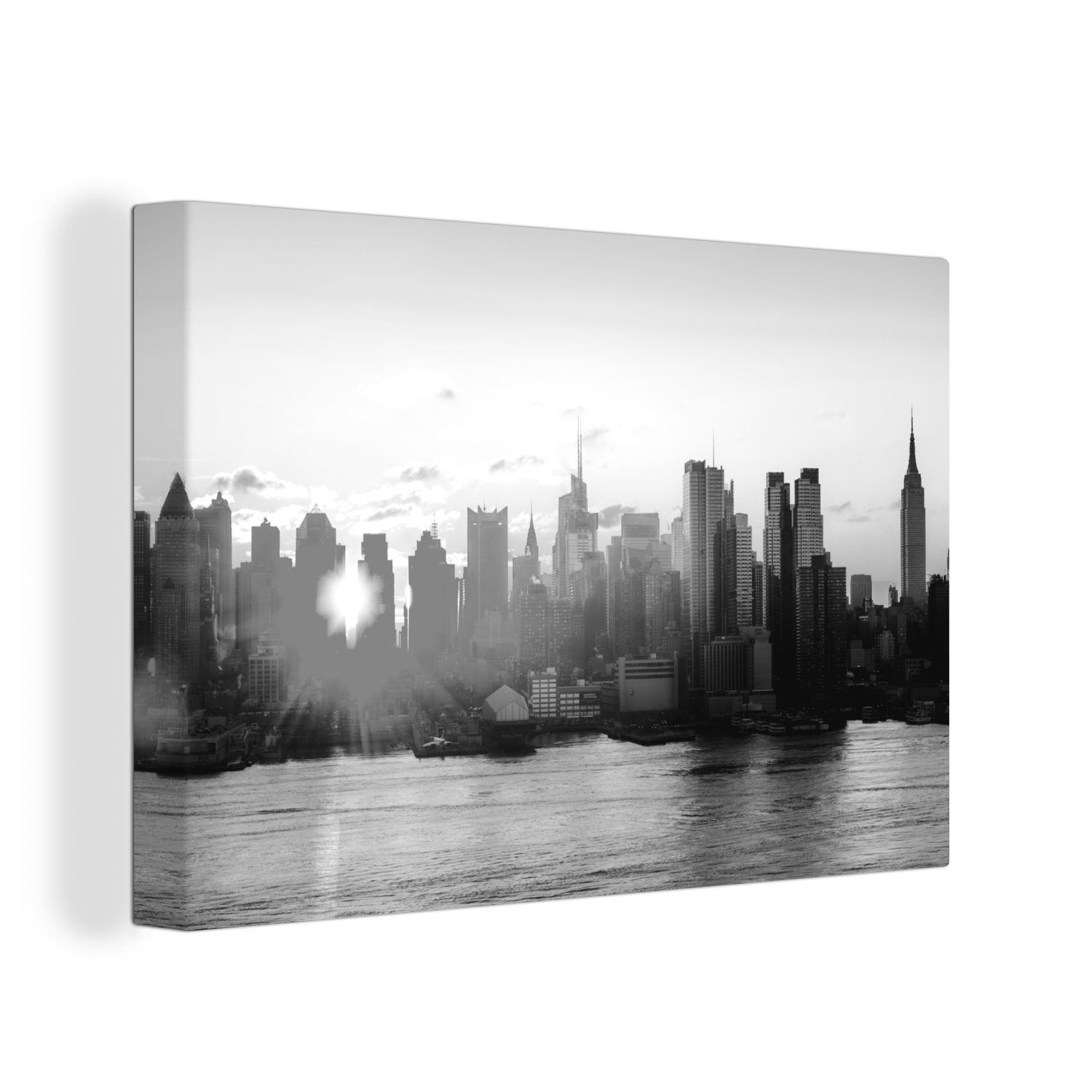 OneMillionCanvasses® Leinwandbild Die Skyline von New York bei Sonnenaufgang - schwarz und weiß, (1 St), Wandbild Leinwandbilder, Aufhängefertig, Wanddeko, 30x20 cm
