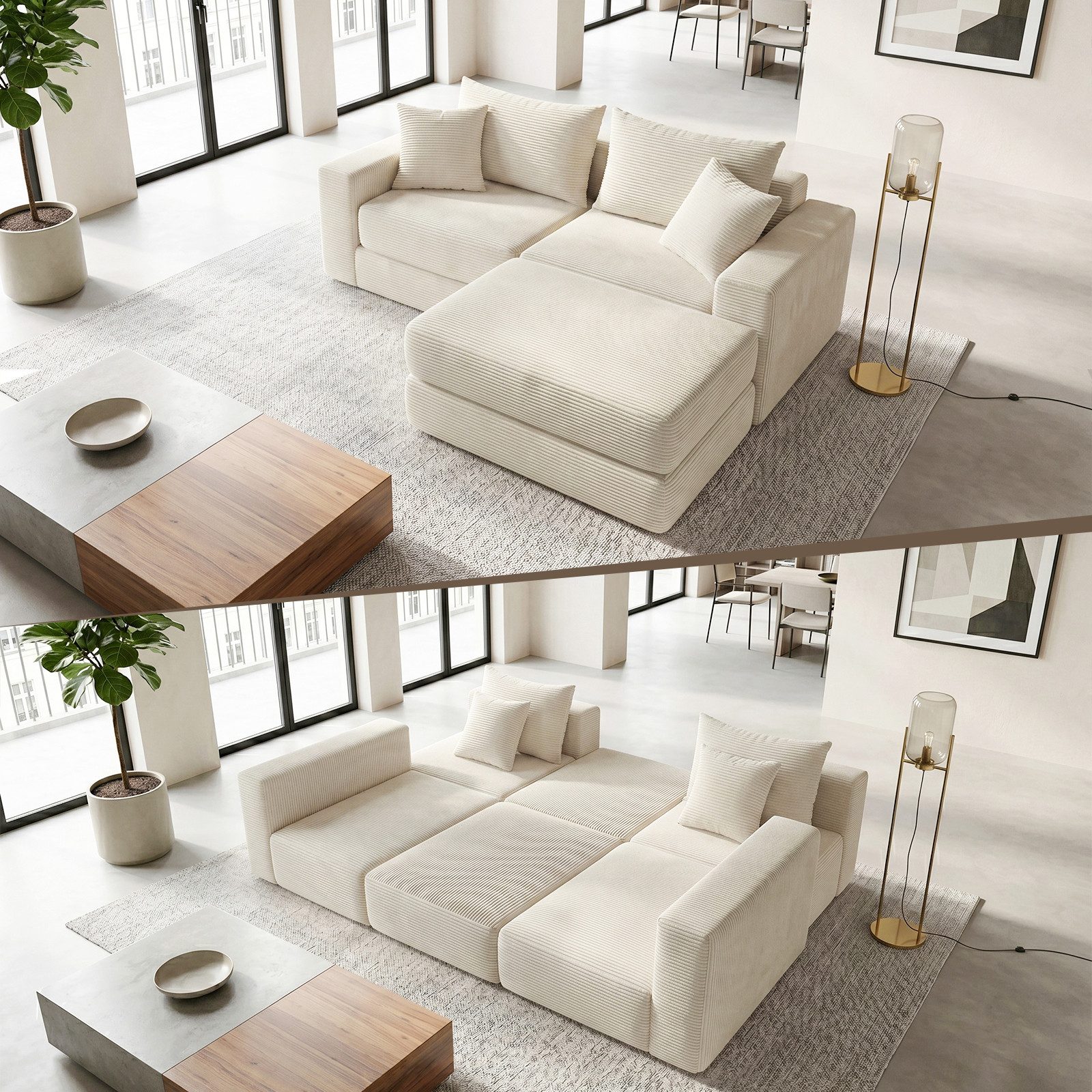 ANYSUN Sofa Sofas Wohnzimmer, Cord-Schlafsofa, Modulares Sitzgruppe Sofa, Knochenloses Sofa mit Anti-Rutsch-Basis,mit Bettfunktion, modulares Schlafsofa für Wohnzimmer, Schlafzimmer, Wohnung und Büro