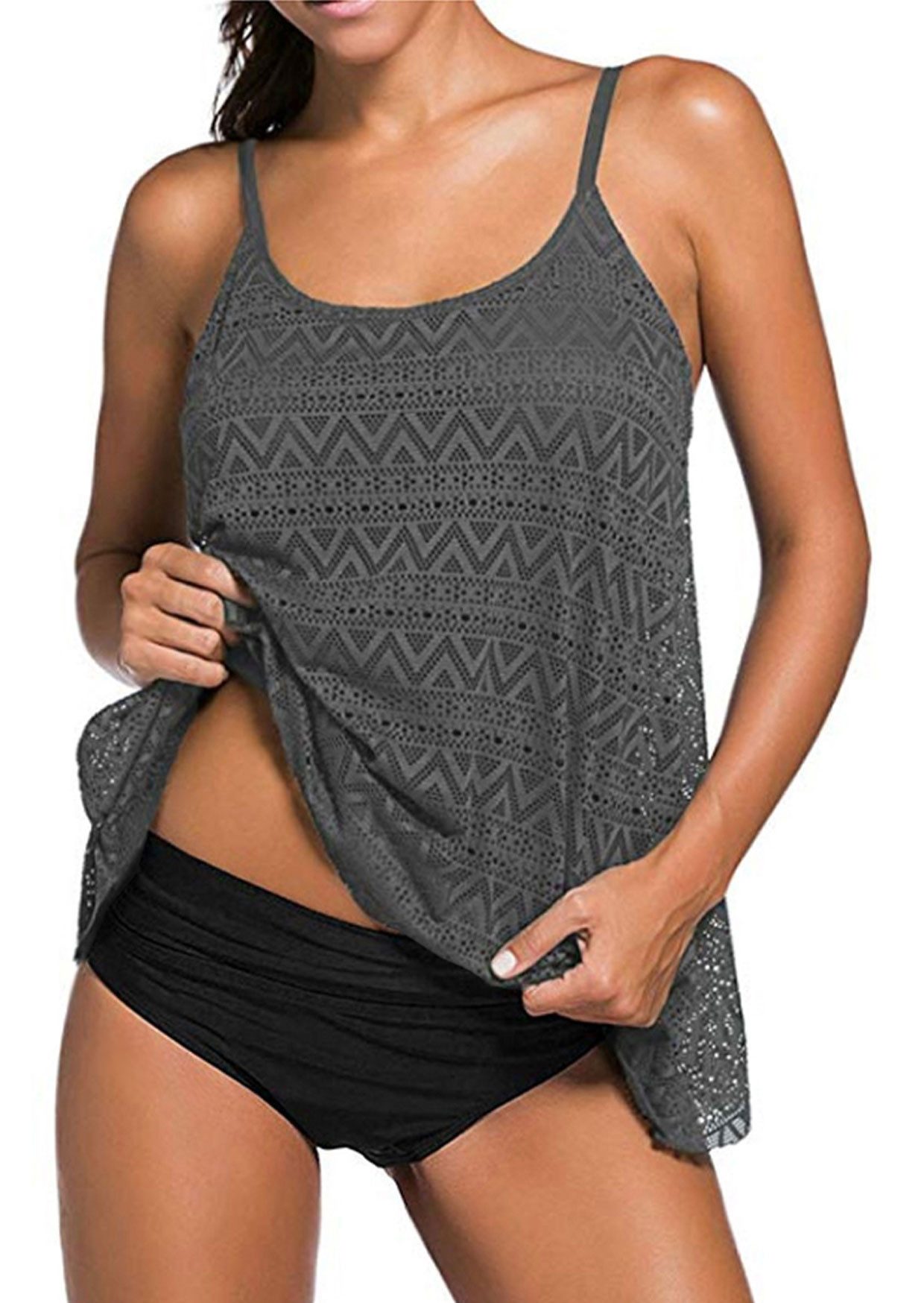 Badekönig Tankini (2 teilig) Grau im Häkellook mit Badeslip in Schwarz, Cup günstig online kaufen