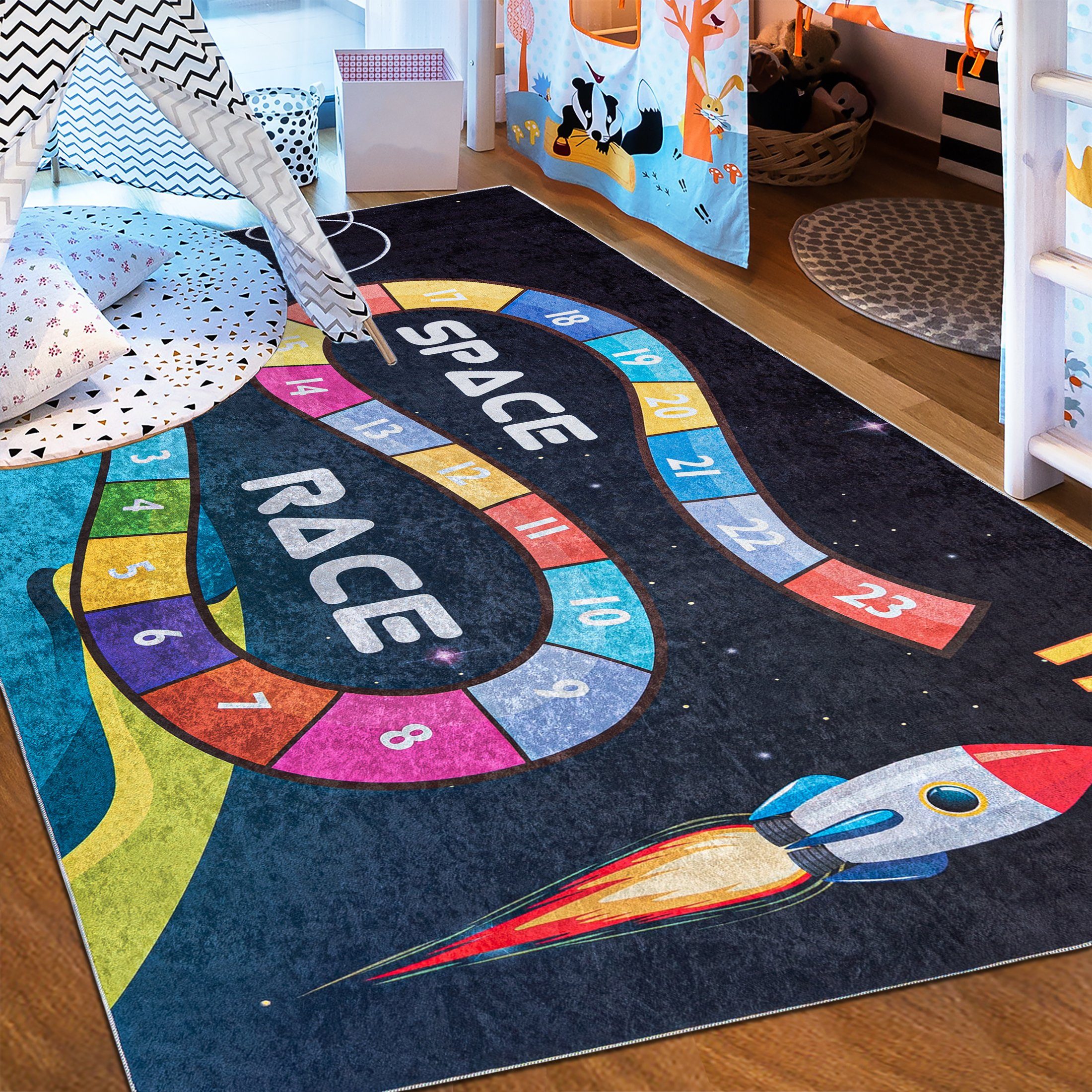Kinderteppich Kinderteppich Kinderzimmerteppich Planeten Weltraum, Mazovia,  80 x 150 cm, Kurflor, Waschbar in Waschmaschine, Höhe 5 mm, Rutschfest