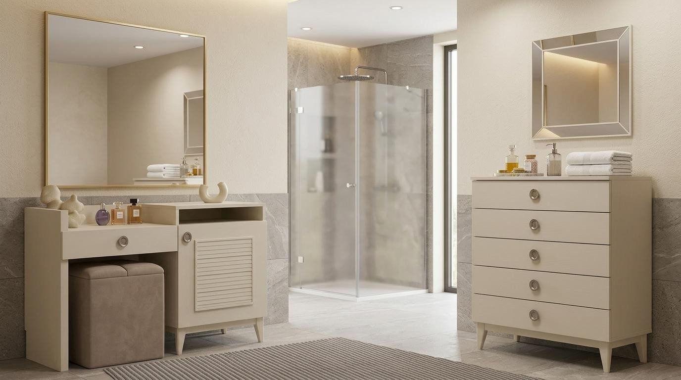 Xlmoebel Schminktisch Beige Holzkommode im modernen, minimalistischen Design, Made in Europa