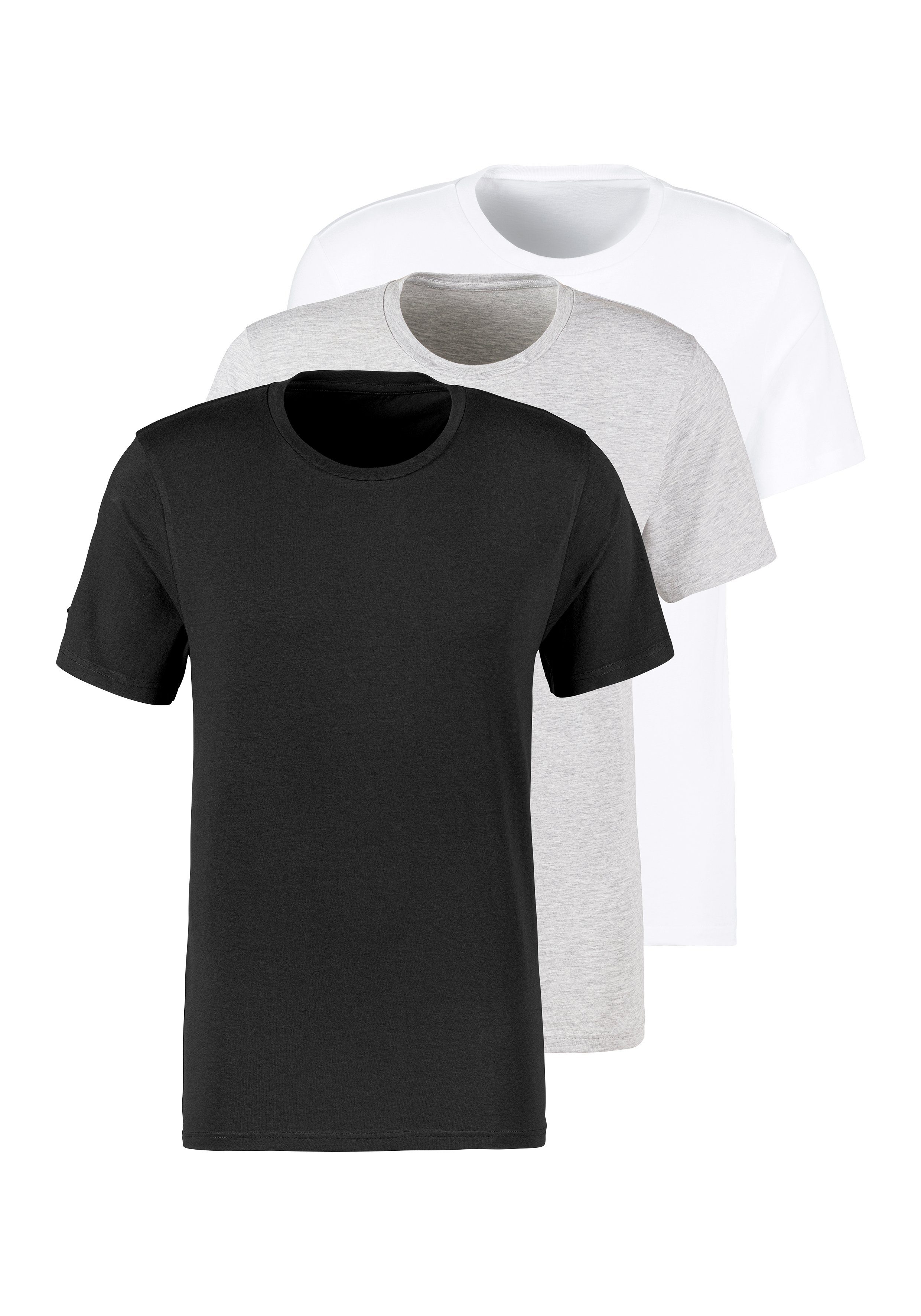 Bruno 3-tlg) T-Shirt schwarz, grau-meliert, weiß mit (Packung, Banani Rundhals-Ausschnitt