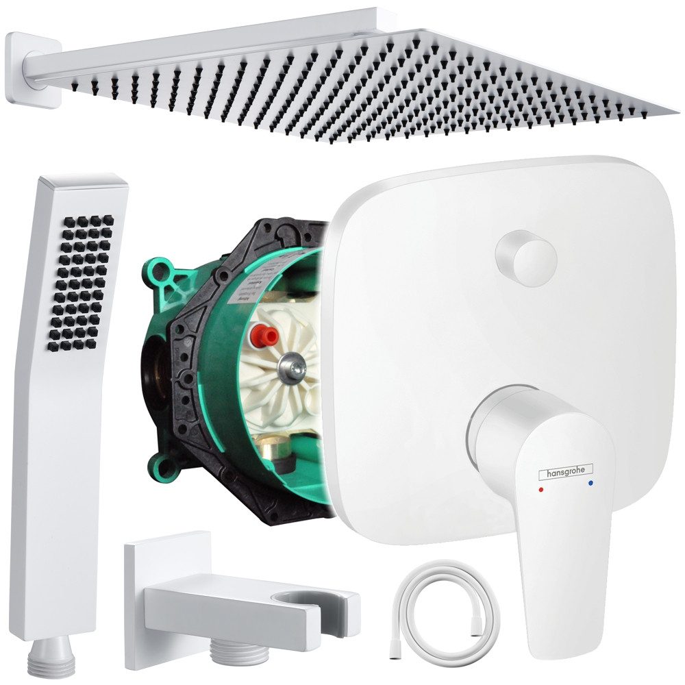 Hansgrohe und Jowi Duscharmatur Talis E Unterputz Duschsystem Weiß Regendusche (Unterputz-Duschsystem, Set) Farbe der Armaturen: Mattweiß, Farbe der Düsen: Schwarz
