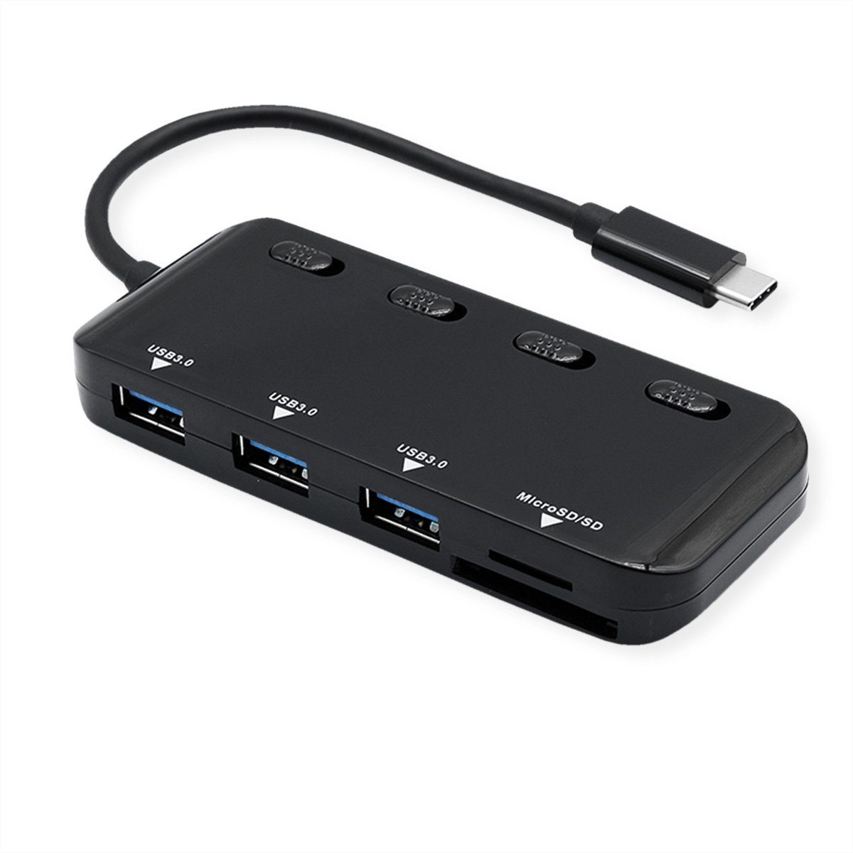 ROLINE USB 3.2 Gen 1 Hub, 3fach, Typ C Anschlusskabel Computer-Adapter USB Typ C (USB-C) Männlich (Stecker) zu USB 3 Typ A Weiblich (Buchse), 15.0 cm, mit CardReader, Ports einzeln schaltbar