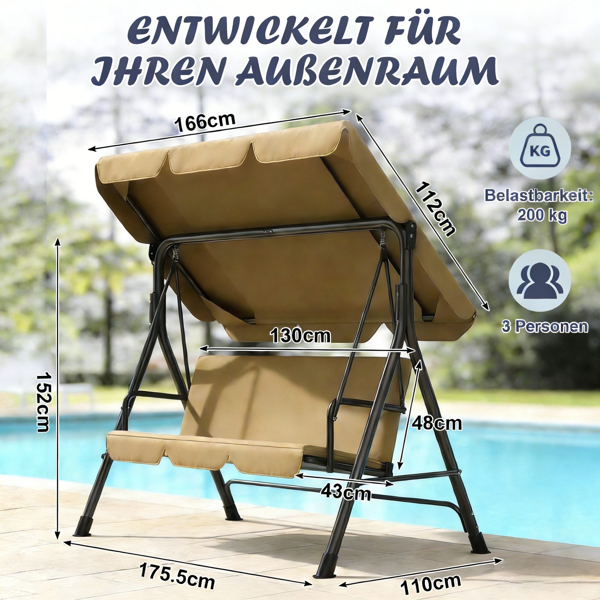 Huracan Hollywoodschaukel Schaukelbank mit Verstellbarem Sonnendach, 3-Sitzer, 175.5*110*152cm, bis 200 kg Tragfähigkeit, Ideal für Garten & Balkon