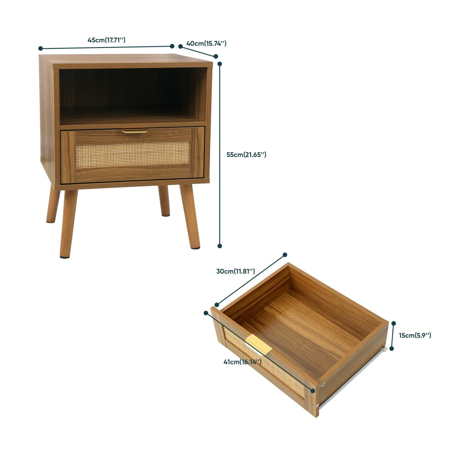 ANYSUN Nachttisch Nachtkommode Rattan mit Schublade,Offenem Fach,Goldgriff, Walnussoptik (1-St)Mid-Century Nachtkonsole für Schlafzimmer,Wohnzimmer,Heimbüro), B – Bild 3 von 5