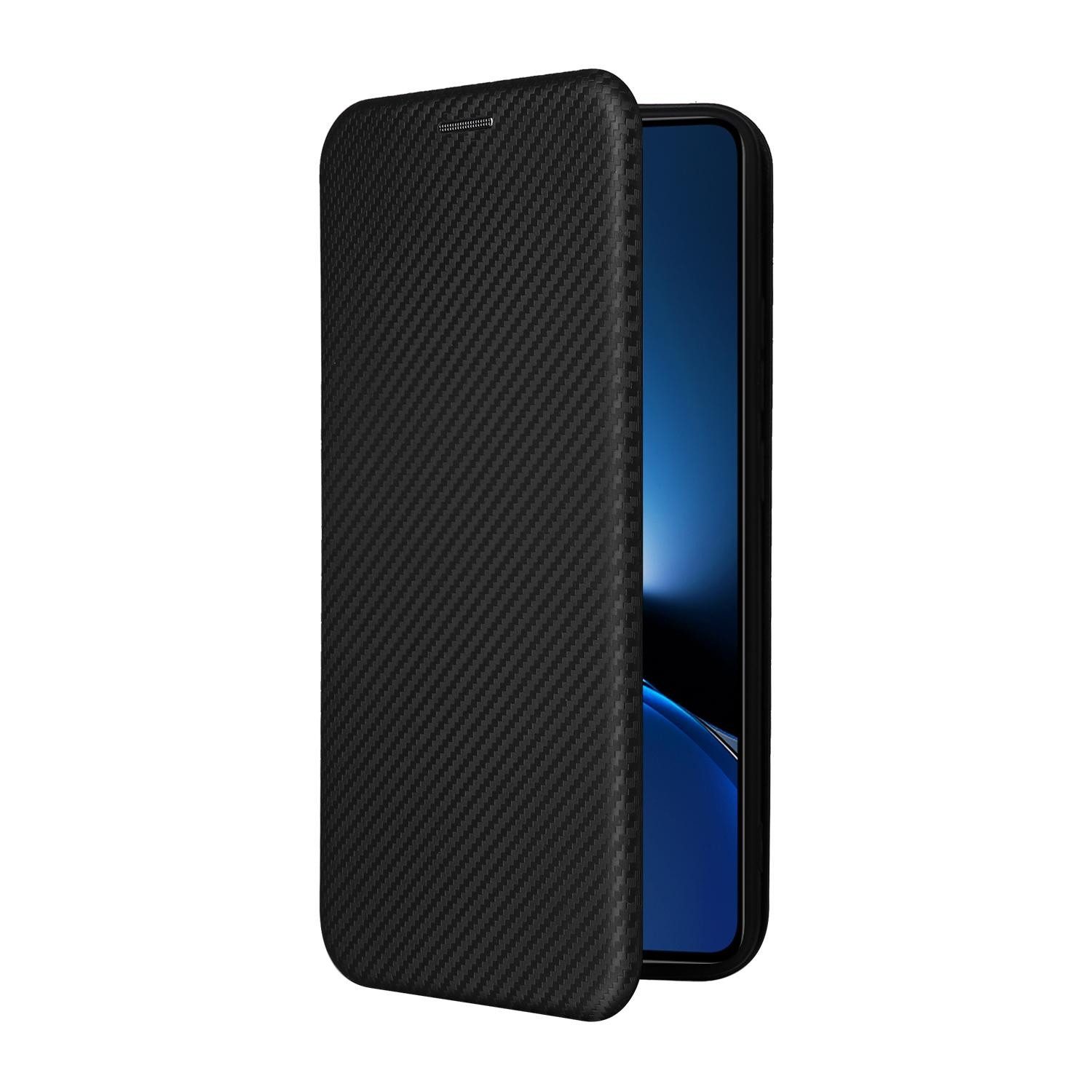 Wigento Smartphone-Hülle Für Xiaomi Poco X7 Pro 5G / Redmi Turbo 4 Carbon Schutz Hülle Schwarz, Carbon Faser Flip Schutzhülle mit Kartenfach und Ständer
