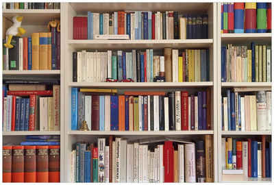 Wallario Wandfolie, Weißes Bücherregal mit unterschiedlichen Büchern, in verschiedenen Ausführungen