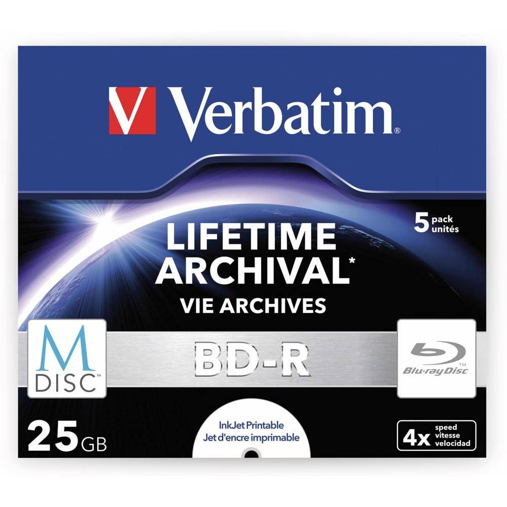 Verbatim Blu-ray-Rohling M-Disc BD-R 25GB Bedruckbar 4x 5er Jewel Case 43823, Bedruckbar