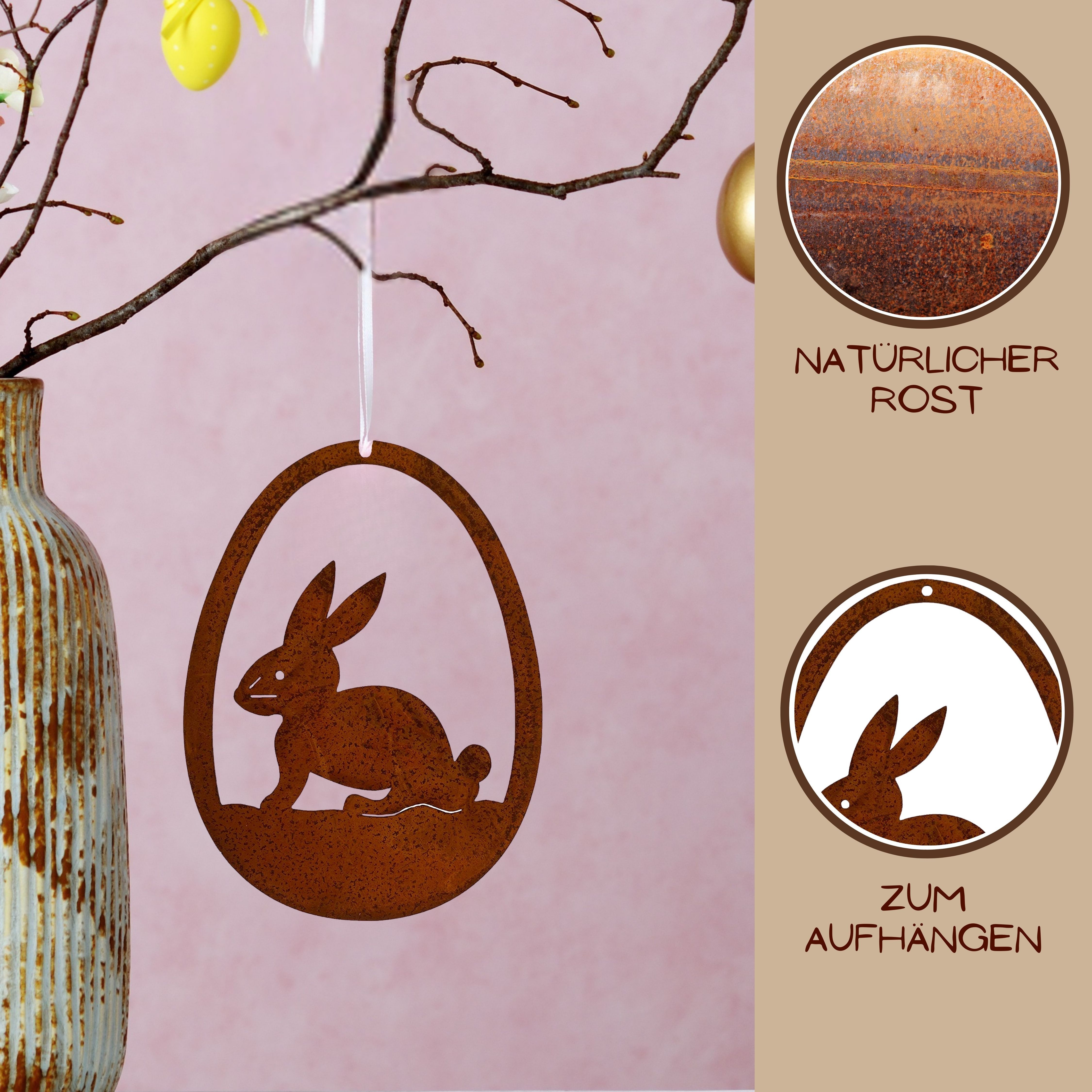Rostikal Hängedekoration Osterdeko Hase im Osterei Metall Hängedeko (1 St), echter Rost