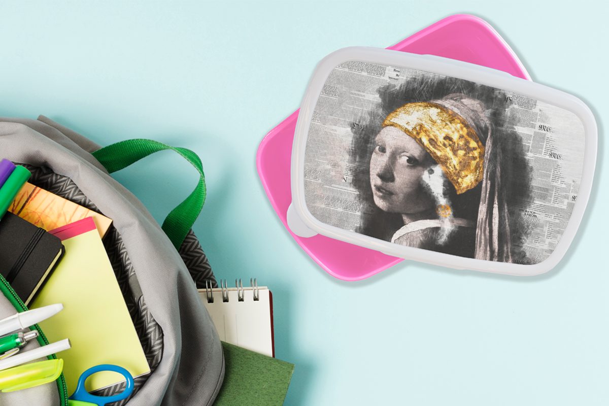 MuchoWow Lunchbox Brotbox - Collage, Das Mädchen mit dem Perlenohrring Kunststoff, Snackbox, Kinder, (2-tlg), Vermeer Erwachsene, - Brotdose rosa Kunststoff Mädchen, für