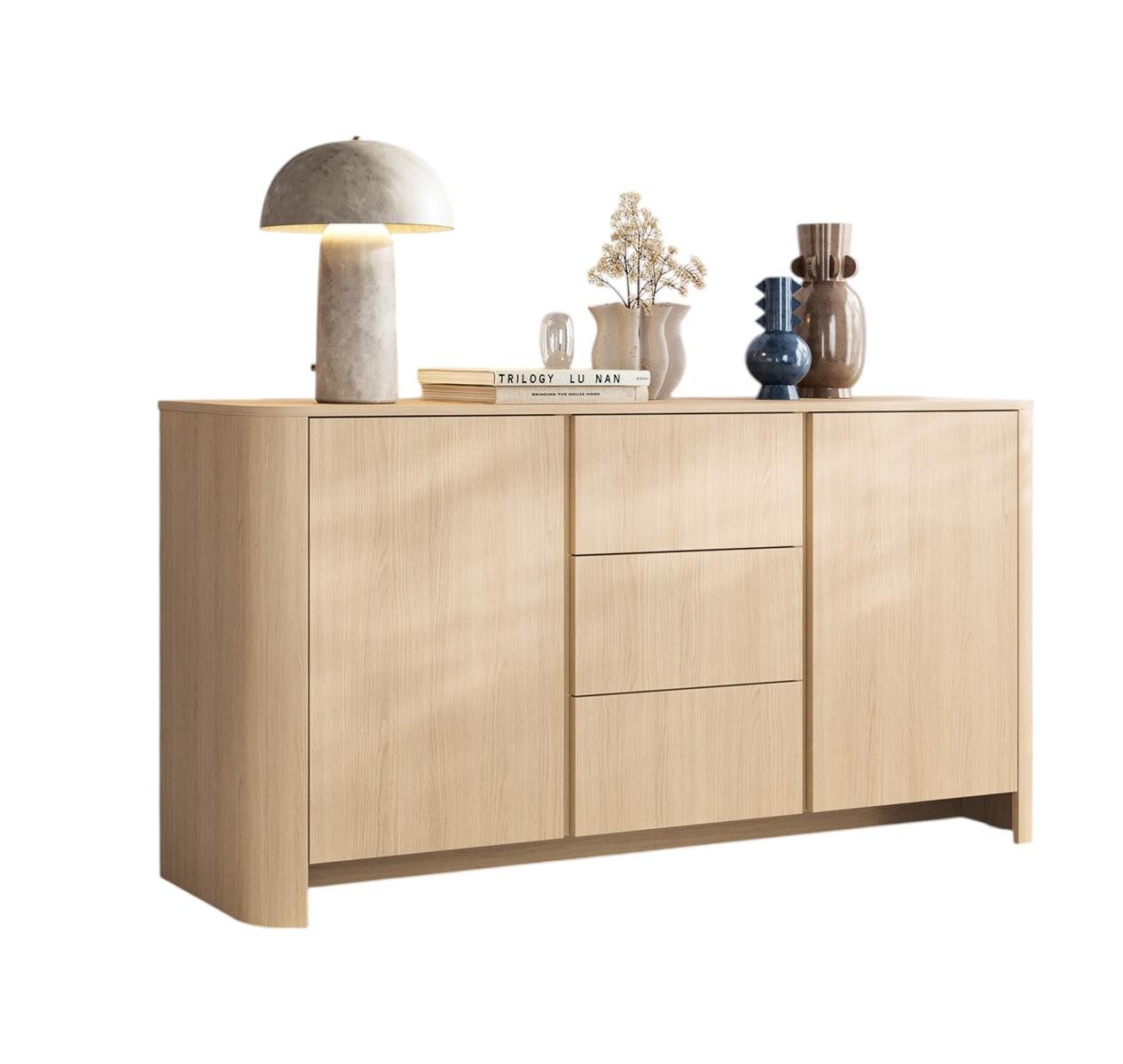 Compleo Kommode im Japandi Stil, Kommode mit 3 Schubladen und 2 Turen BORS