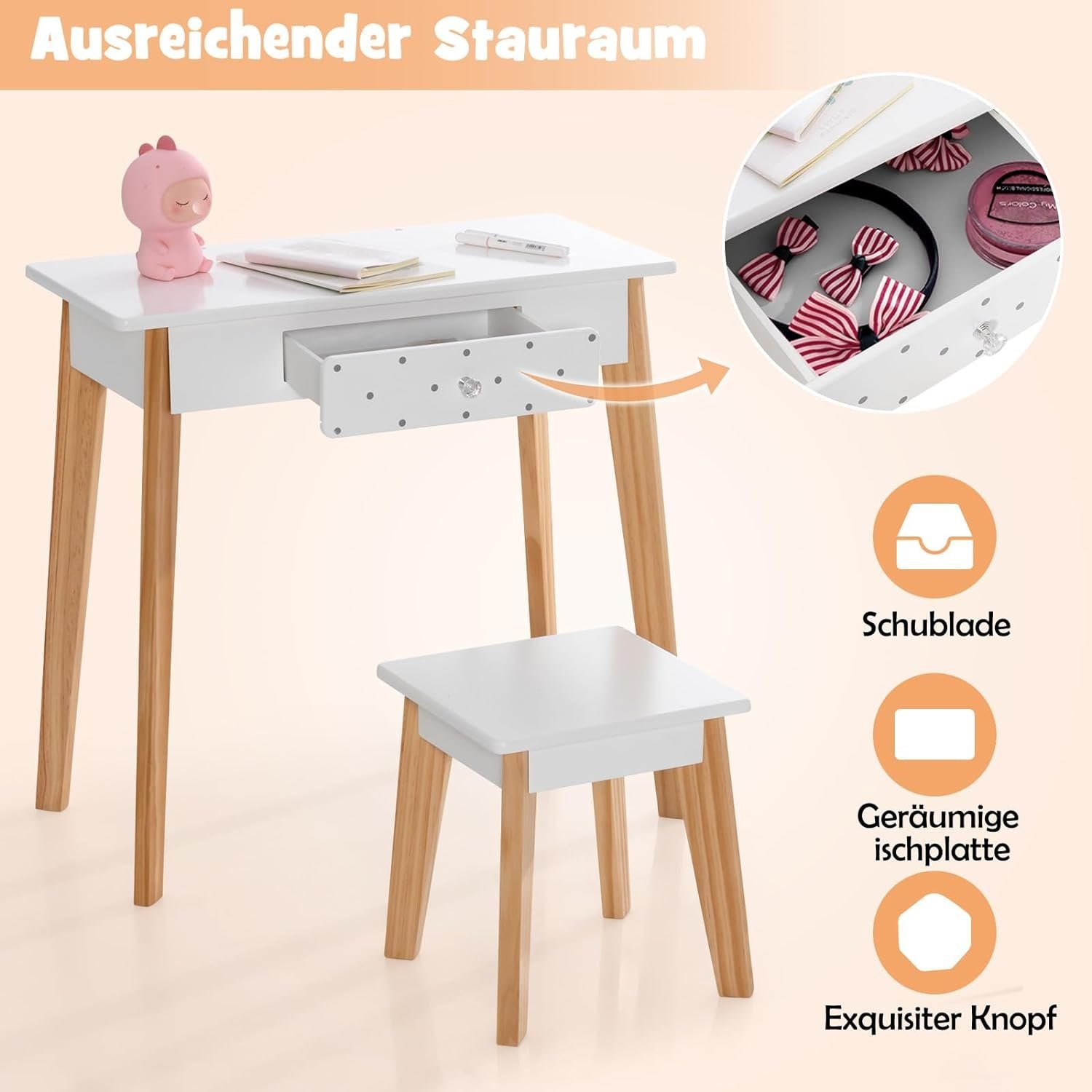 Hocker (Set), KOMFOTTEU Schublade weiß Schminktisch mit mit