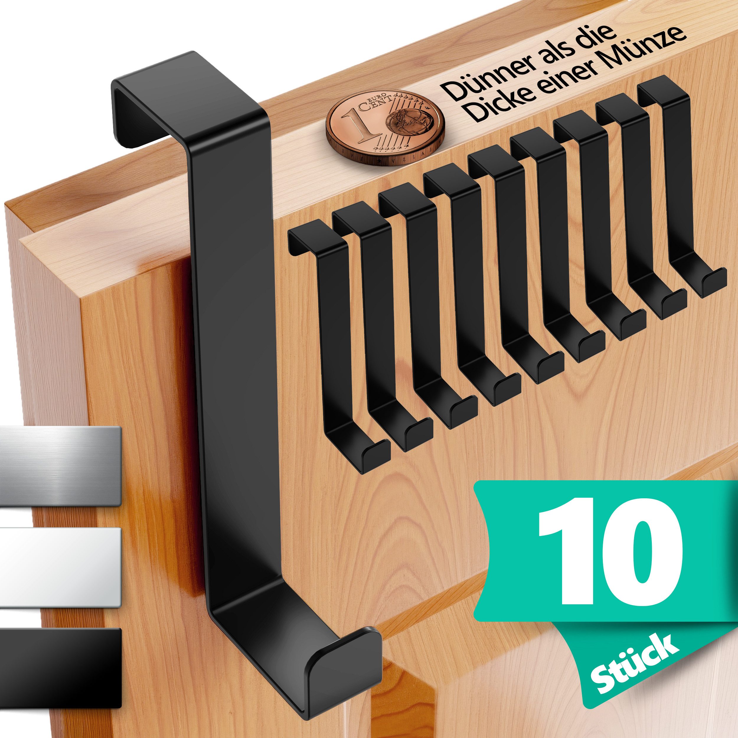 Lindenstein Türhaken Türhaken zum Einhängen 10er Set, Türen, (Packung, 10-St., 10), Bohrfrei, stark, langlebig, rostfrei, verformungsfest