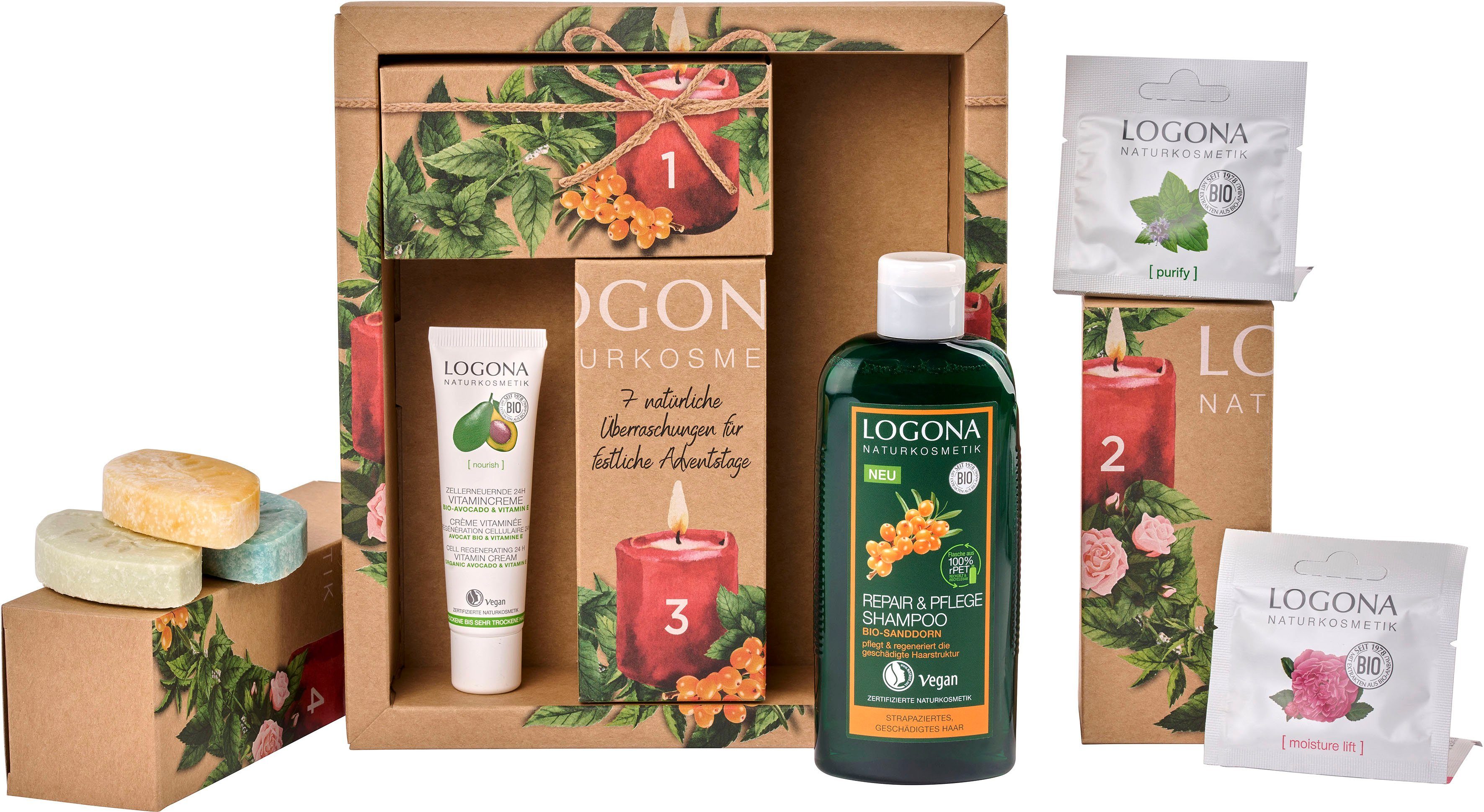 LOGONA Adventskalender Adventskranz (7-tlg), Zertifizierte Naturkosmetik, 7 Überraschungen, nachhaltig.