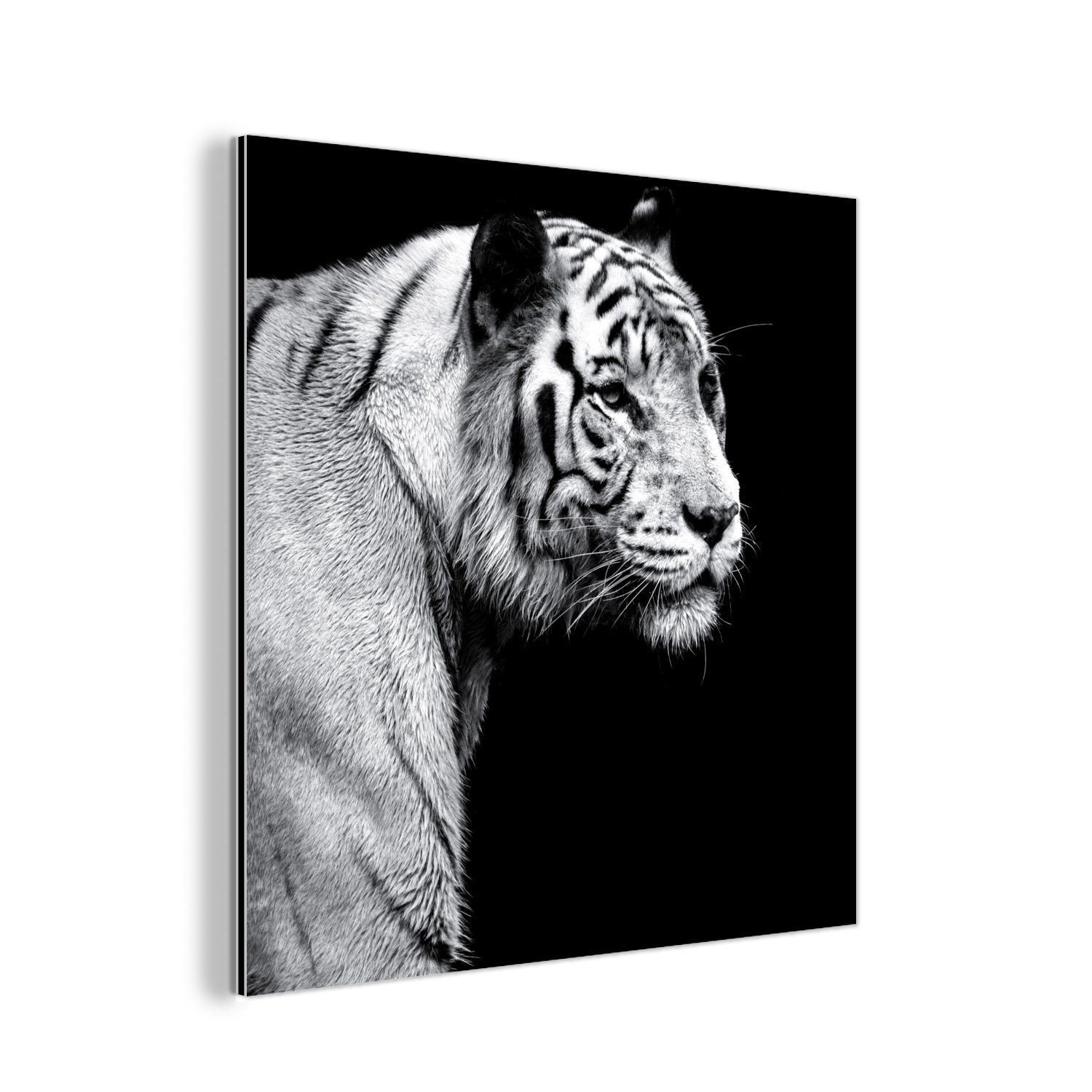 MuchoWow Metallbild Tierprofil Tiger in schwarz und weiß, (1 St), Alu-Dibond-Druck, Gemälde aus Metall, Aluminium deko