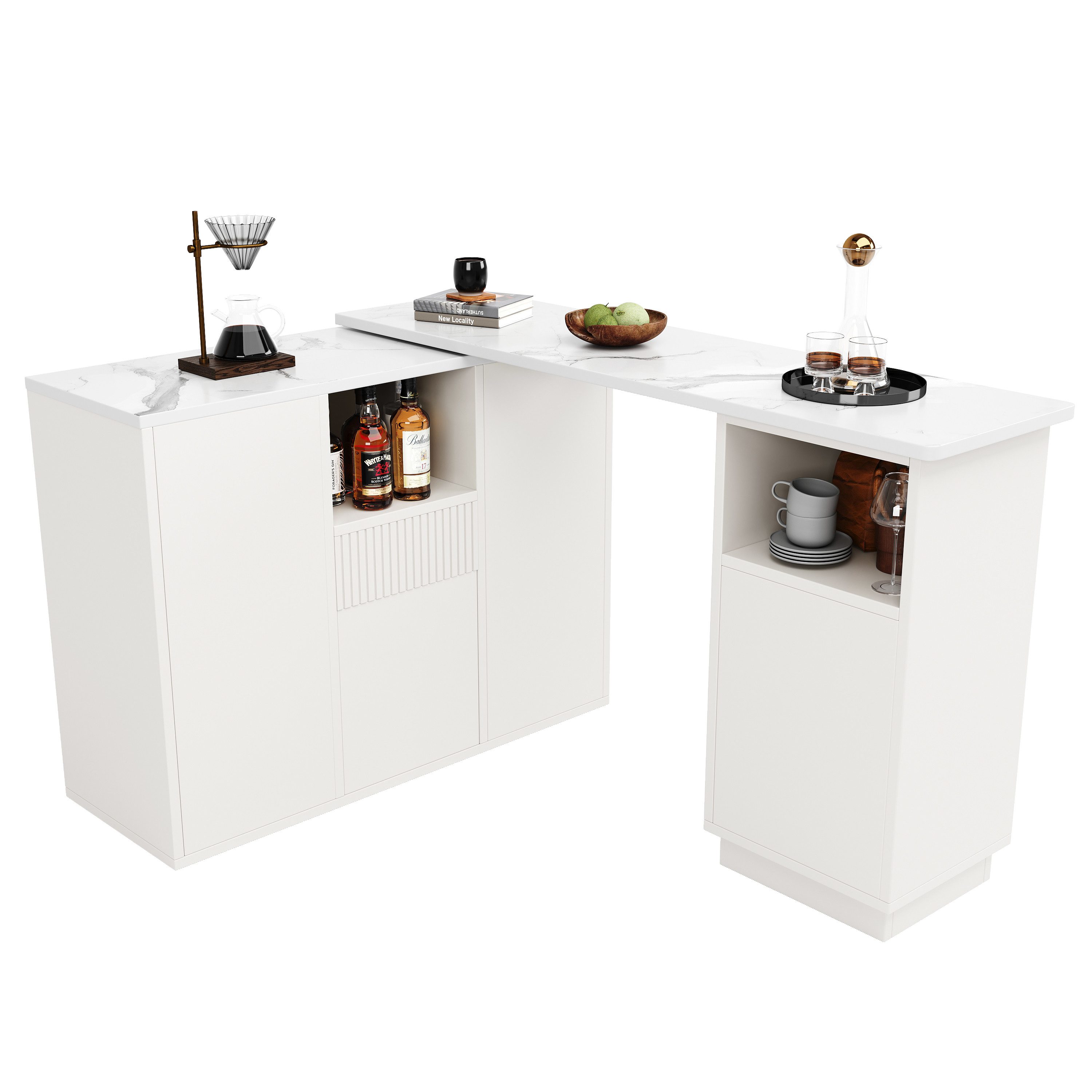 MODFU Bartisch 360° drehbare Essbar (ausziehbar Esstisch mit Sideboard mit Stauraum, geeignet für Küche, Wohnzimmer und Esszimmer), mit Aufbewahrungsschrank