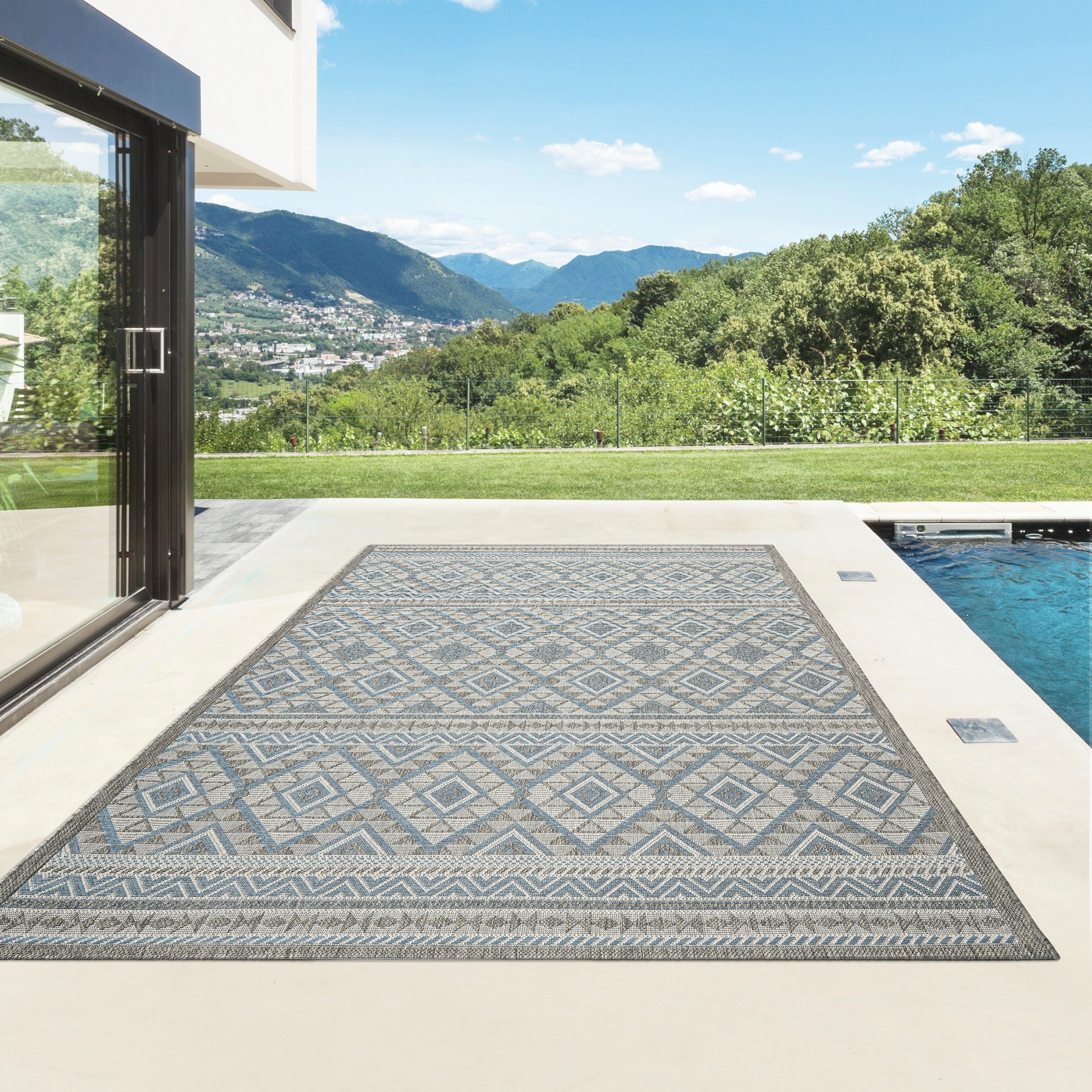 Teppich Outdoor & Indoor Teppich, TaCa Home, rechteckig, Höhe: 7 mm, Terrasse Balkon Garten Wohnzimmer Bad Küche, Blau - 80 x 150 cm 54126330blau | Kurzflor-Teppiche