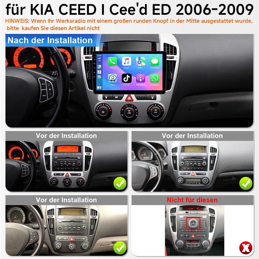 A-Sure Für Kia Ceed ED 2006-2009 4+64GB Android 15 Carplay Radio GPS Navi DSP Autoradio (Digitalradio (DAB), FM, AM, RDS, 1280*800 IPS Screen/8-Core CPU)