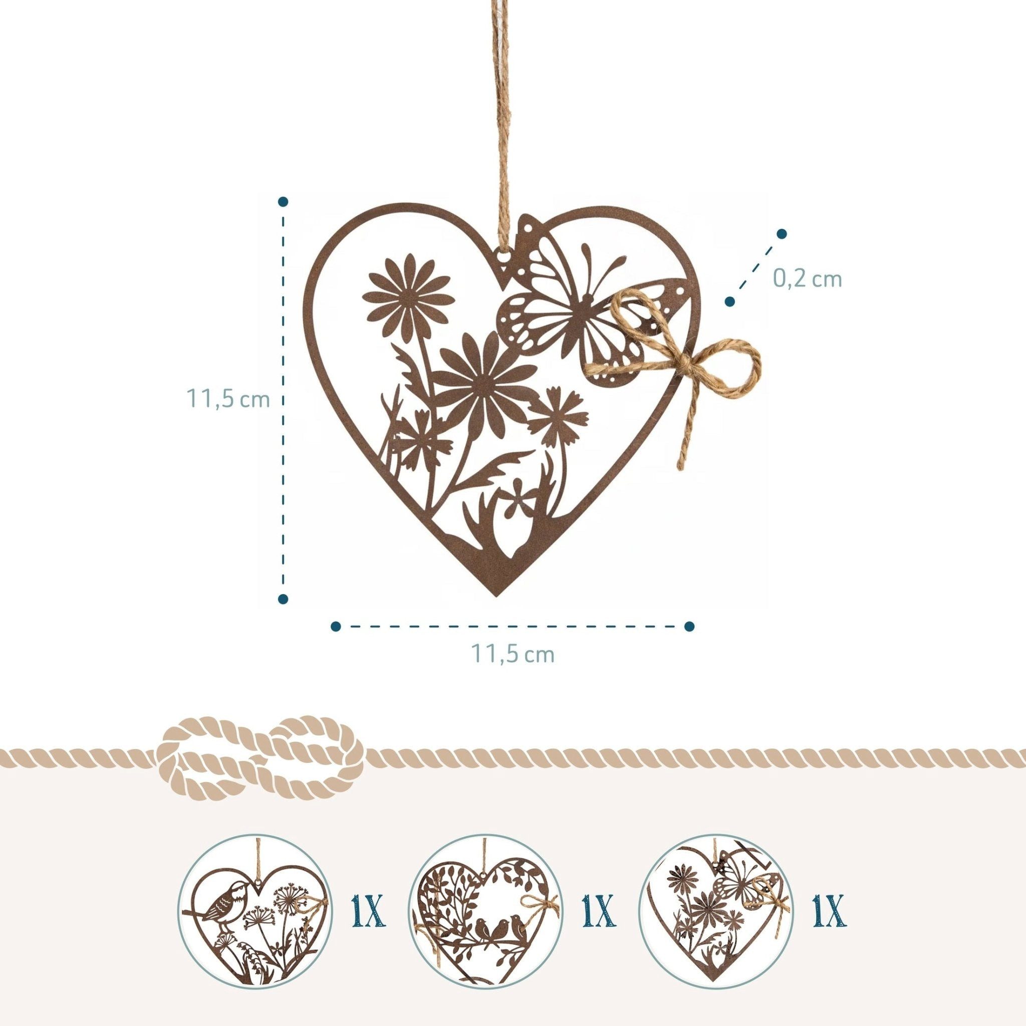 Logbuch-Verlag Dekofigur 3 rostige Metallherzen zum Aufhängen Rostbraun Frühling Osterdeko 11,5