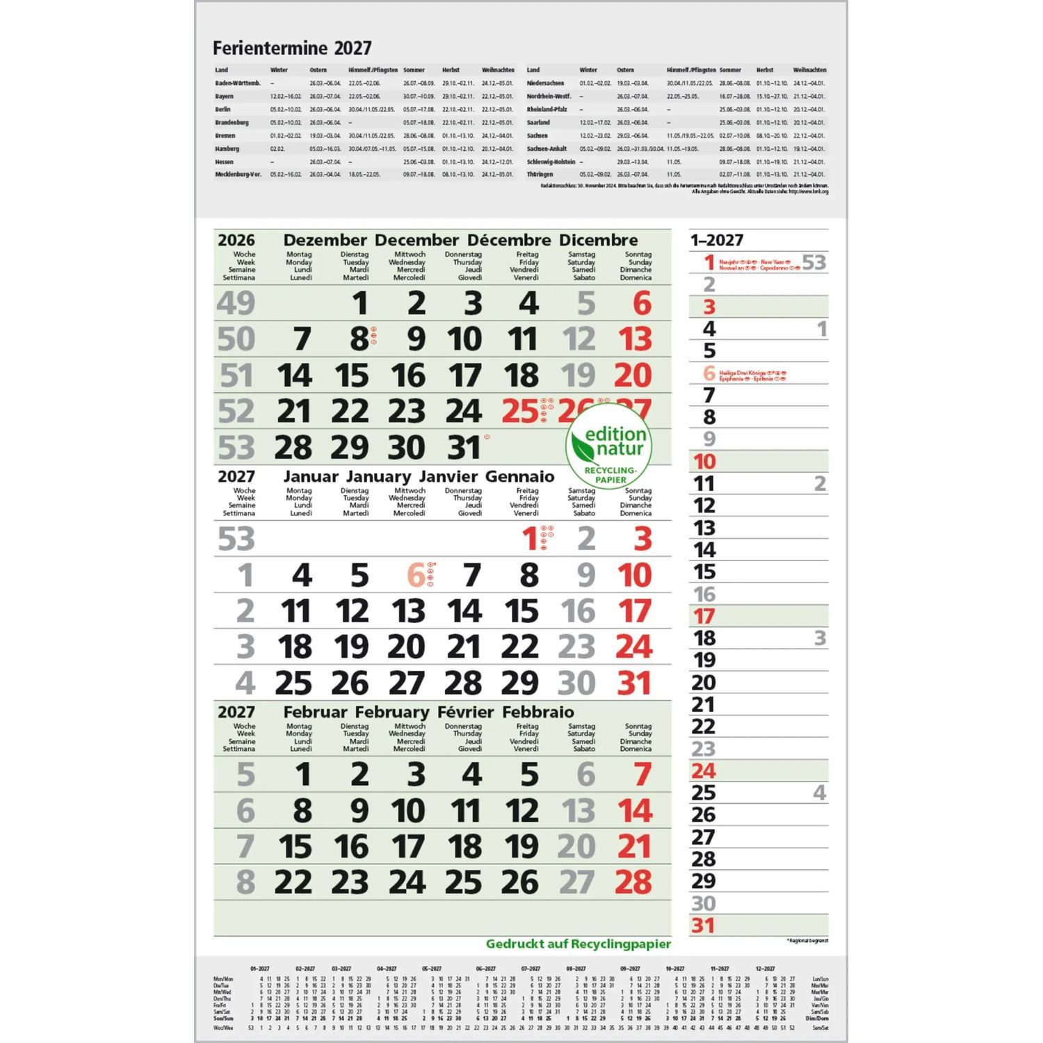 Korsch Verlag Wandkalender 3-Monats-Planer Combi Recyclingpapier 2027