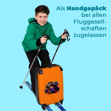 NoBoringSuitcases.com© Kinderkoffer Monstertruck - Neon - Farbe - Orange 55x35x20cm, 4 Rollen, Kindertrolley, Handgepäck, Reisekoffer für Jungen