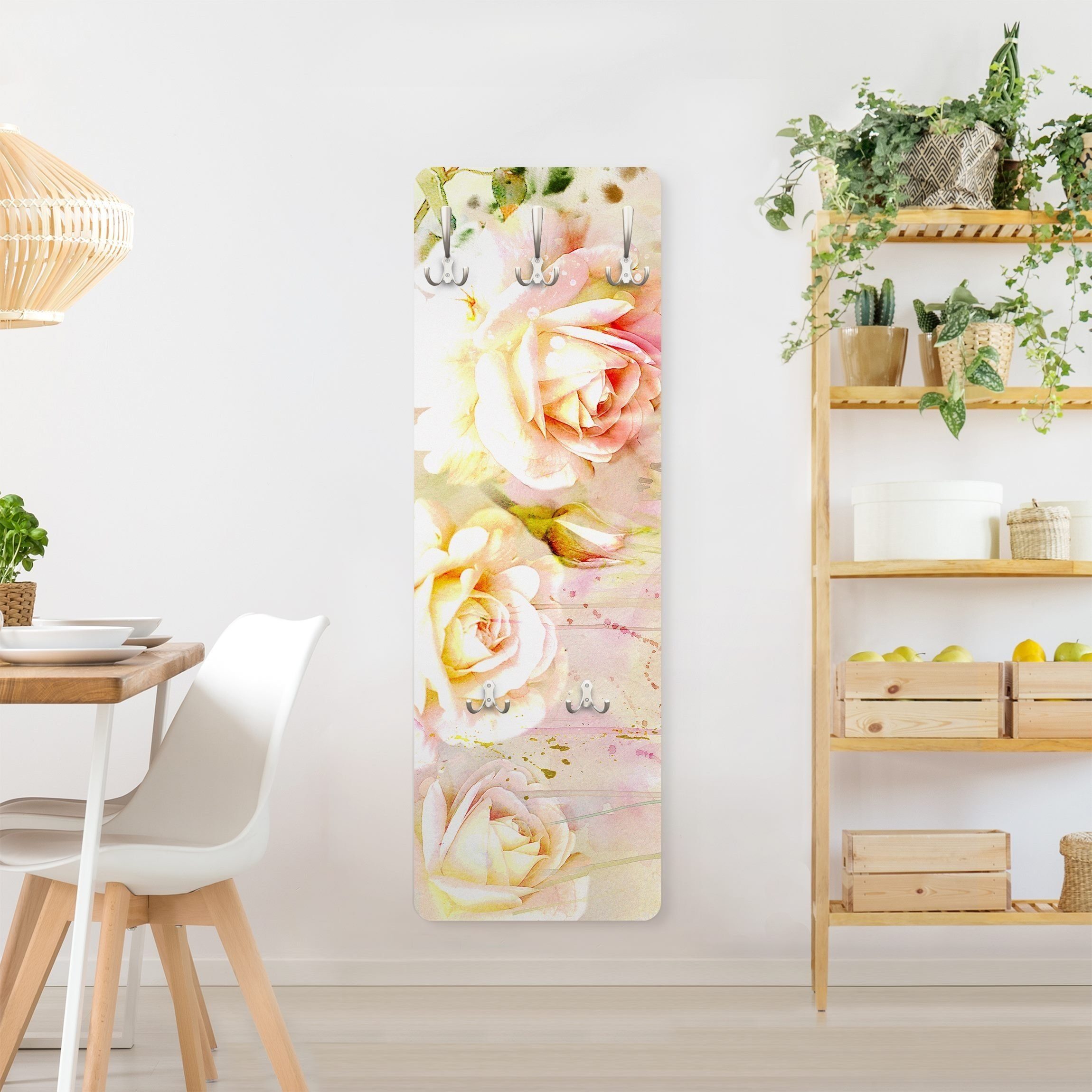 Bilderdepot24 Garderobenpaneel beige Aquarell Blumen Floral Kunst Aquarell Blumen Rosen Design (ausgefallenes Flur Wandpaneel mit Garderobenhaken Kleiderhaken hängend), moderne Wandgarderobe - Flurgarderobe im schmalen Hakenpaneel Design