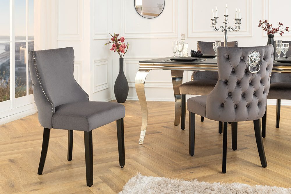 riess-ambiente Esszimmerstuhl CASTLE DELUXE grau/schwarz - Samt, Holzbeine, Löwenkopf-Griff (Einzelartikel, 1 St), glamouröser Stuhl mit Nieten - ideal für Deinen Barock-Look