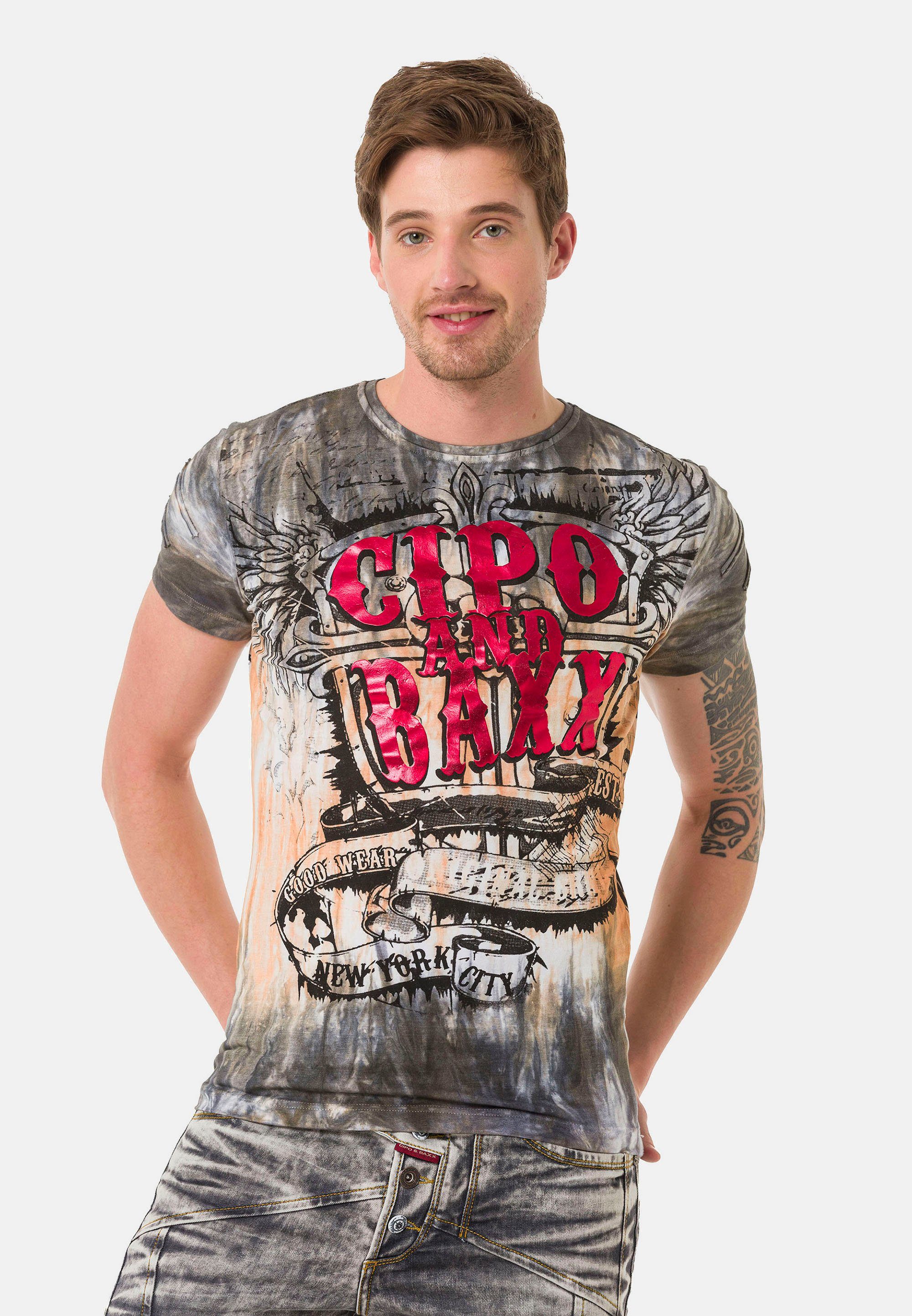 Cipo & Baxx T-Shirt mit großen Schriftzugprints grau-pink