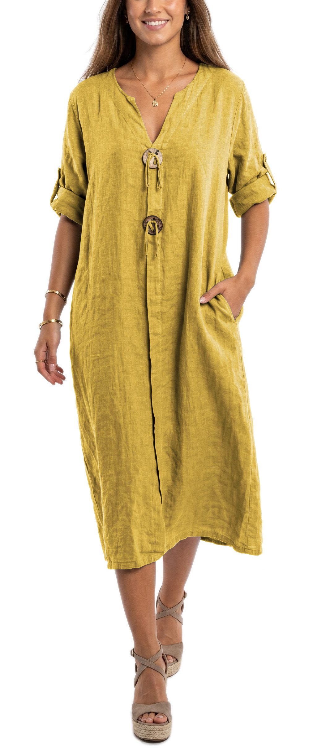 dy_mode Hemdblusenkleid Damen Leinenkleid Midi Hemdblusenkleid mit V-Ausschnitt Freizeitkleid in Unifarbe, V-Ausschnitt, mit seitlichen Eingriffstaschen