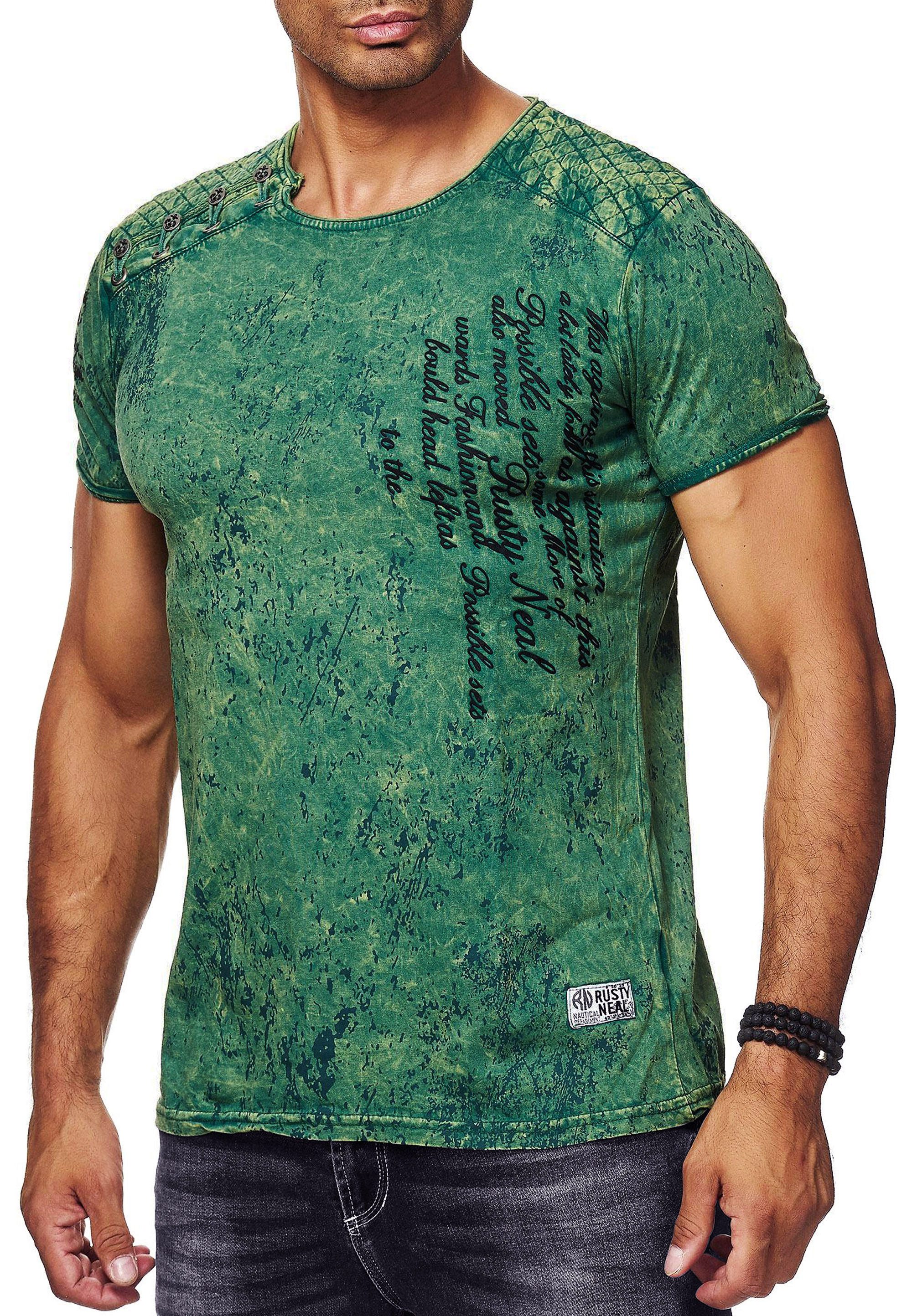 T-Shirt T-Shirt Rundhals mit Seitlicher Knopfleiste Verwaschen und Front Print