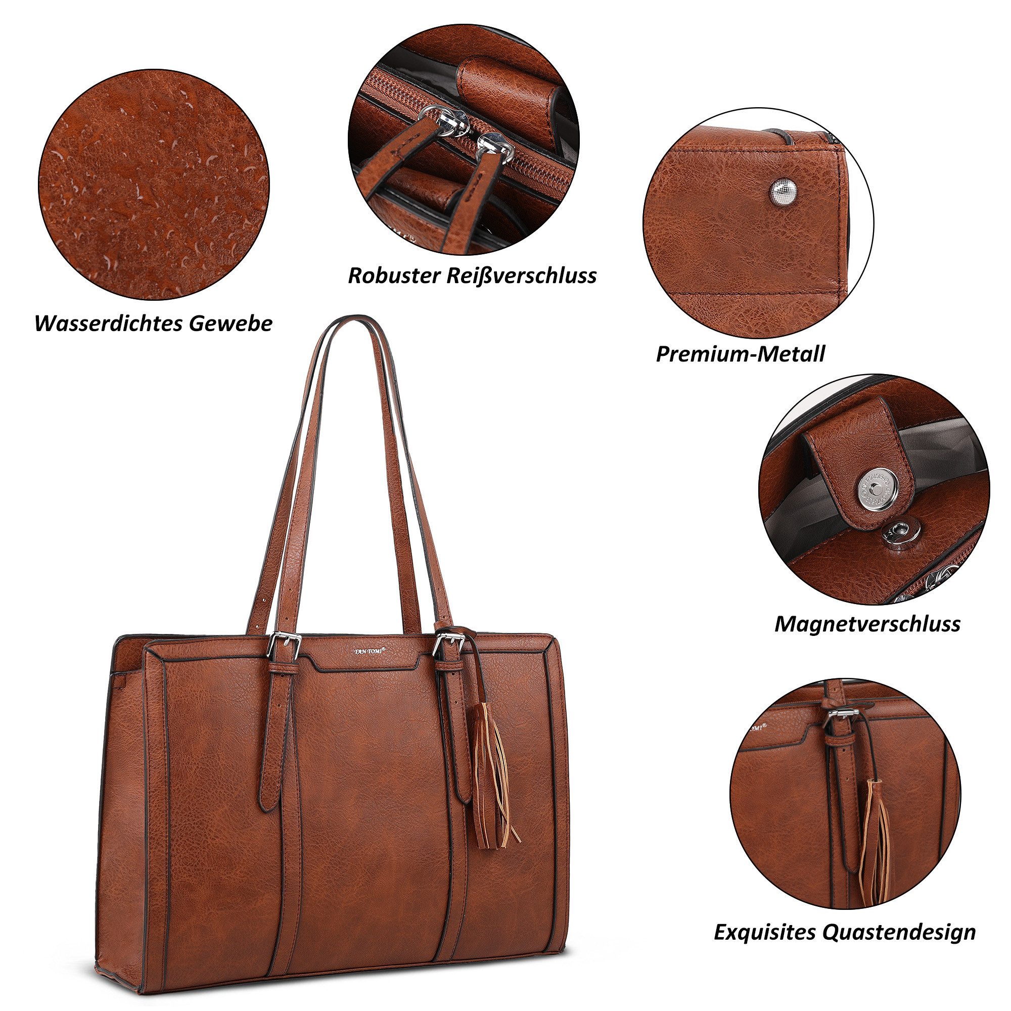 TAN.TOMI Handtasche Große Business Handtasche Damen Leder Schultertasche Arbeit Schule, Bürotasche Damen 15.6 Zoll Notebookt mit 3 Fächern für Büro Schule