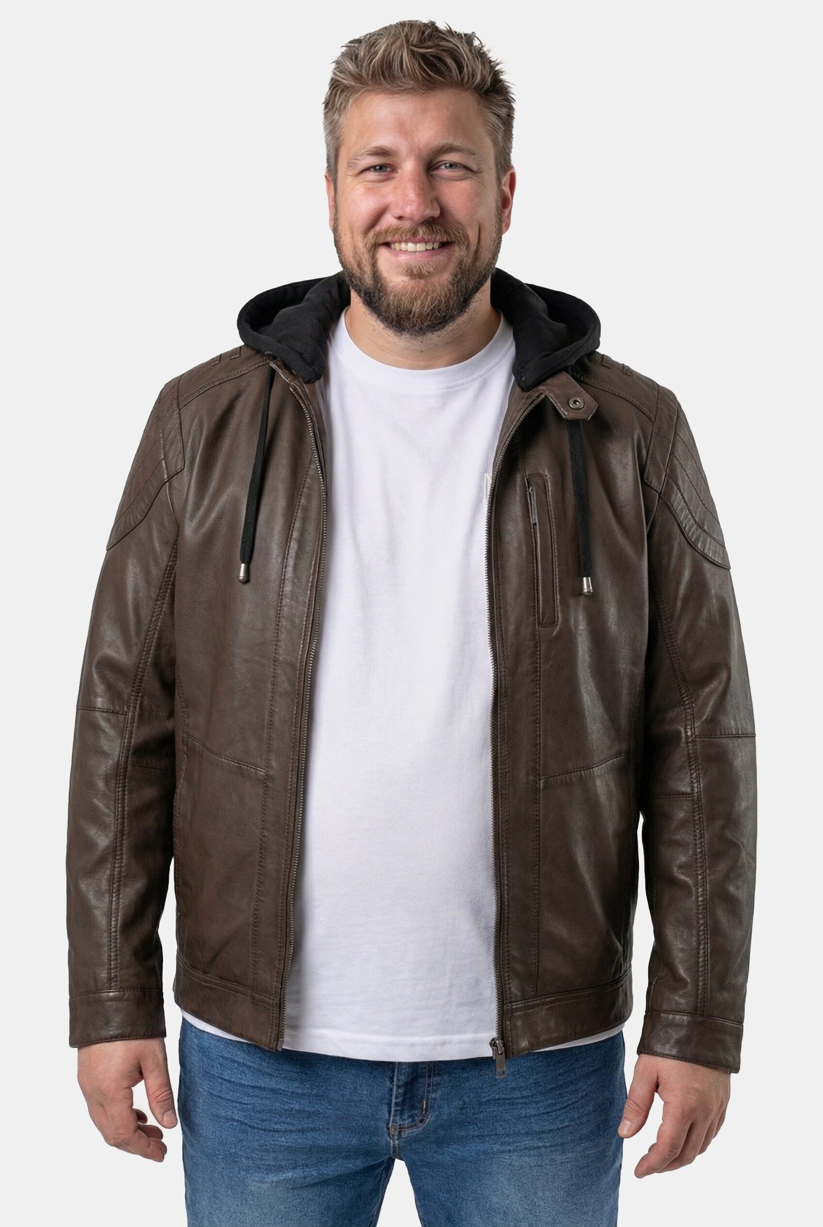 Men Plus Lederjacke Lederjacke Leder abnehmbare Jersey-Kapuze Zipper