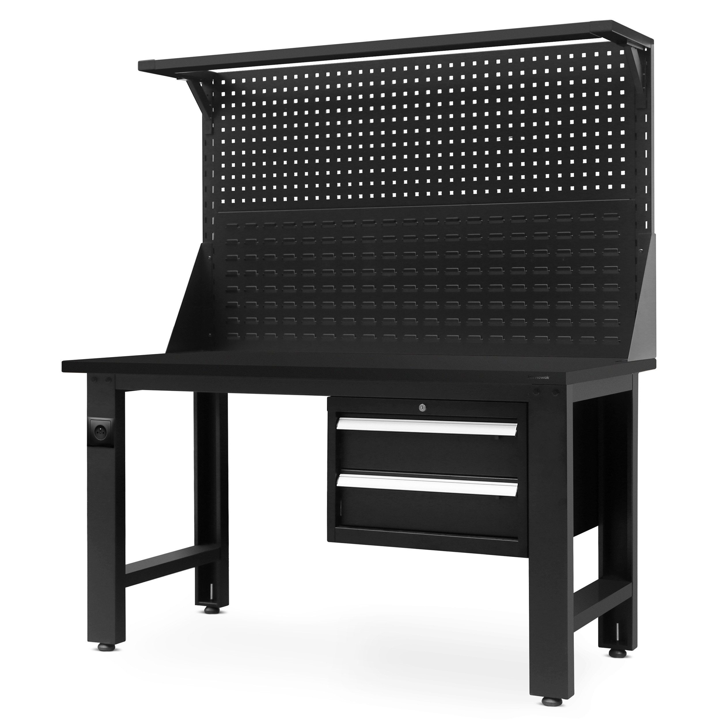 Jan Nowak Werkbank Werkstatttisch LOGAN 150 cm Lochwand Aufsatz 2 Schubladen, (Stahl 0,8-1,5 mm 170 x 150 x 75 cm verstellbare Füße 89 kg), Werktisch abschließbar 600 kg laminierte Platte Lampenhalter