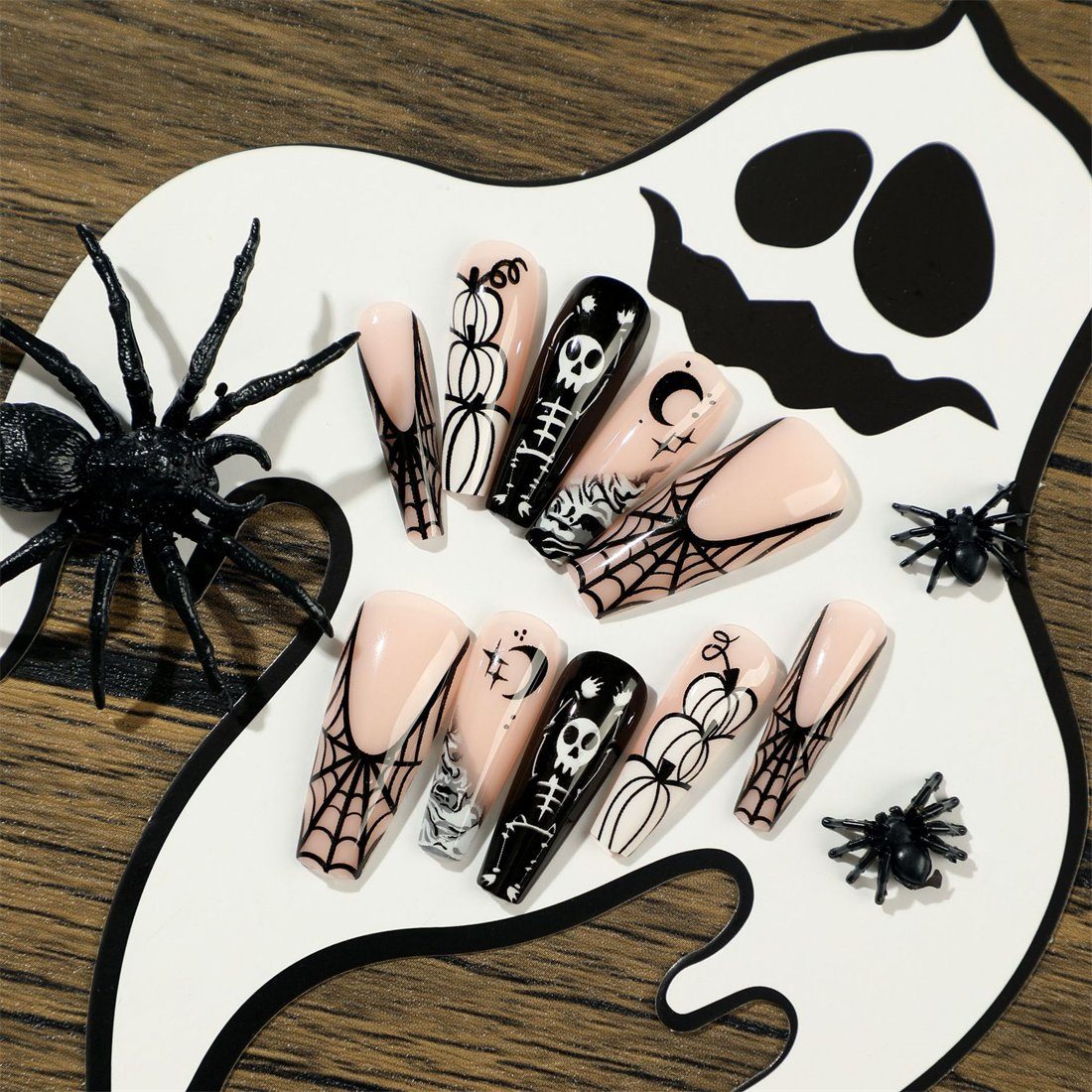 Damen künstliche Nails DÖRÖY Fake Sets Kunstfingernägel 48 Nägel, Skelett Stück/2 Halloween