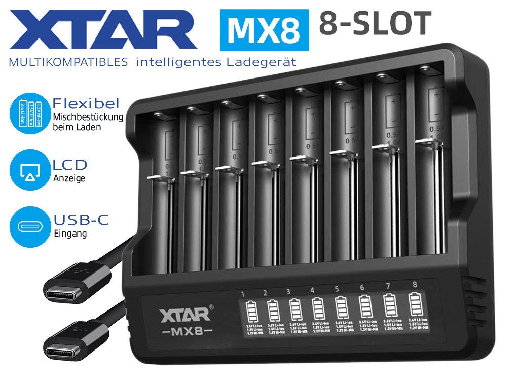 XTAR MX8 – Universelles Ladegerät für 1,5V; 3,6 - 3,7V Li-Ion & 1,2V Ni-MH Universal-Ladegerät (1-tlg)