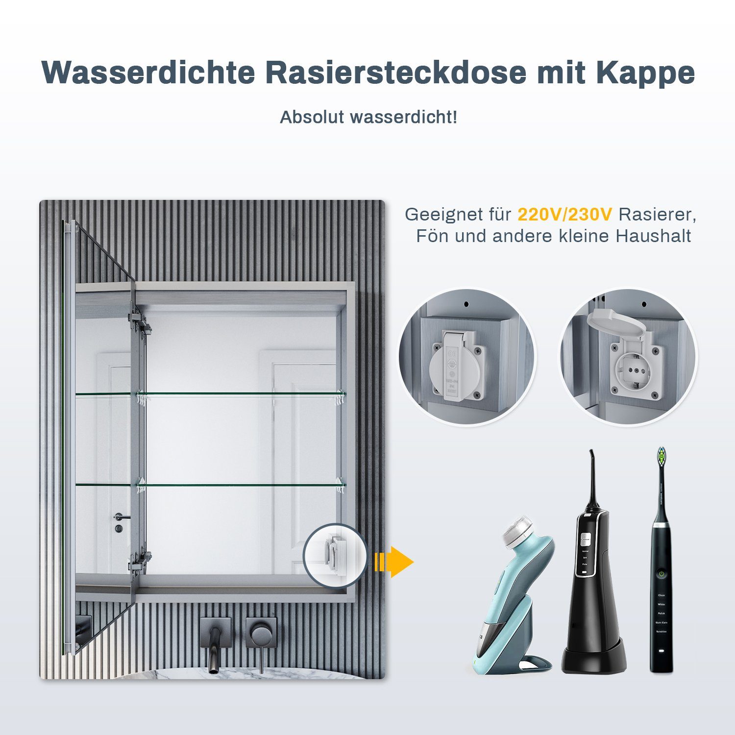 SONNI Spiegelschrank Dreifarbiger LED-Badezimmerspiegelschrank mit Antibeschlag-Funktion Aluminium mit Touch-Bedienung und integrierter Rasierersteckdose