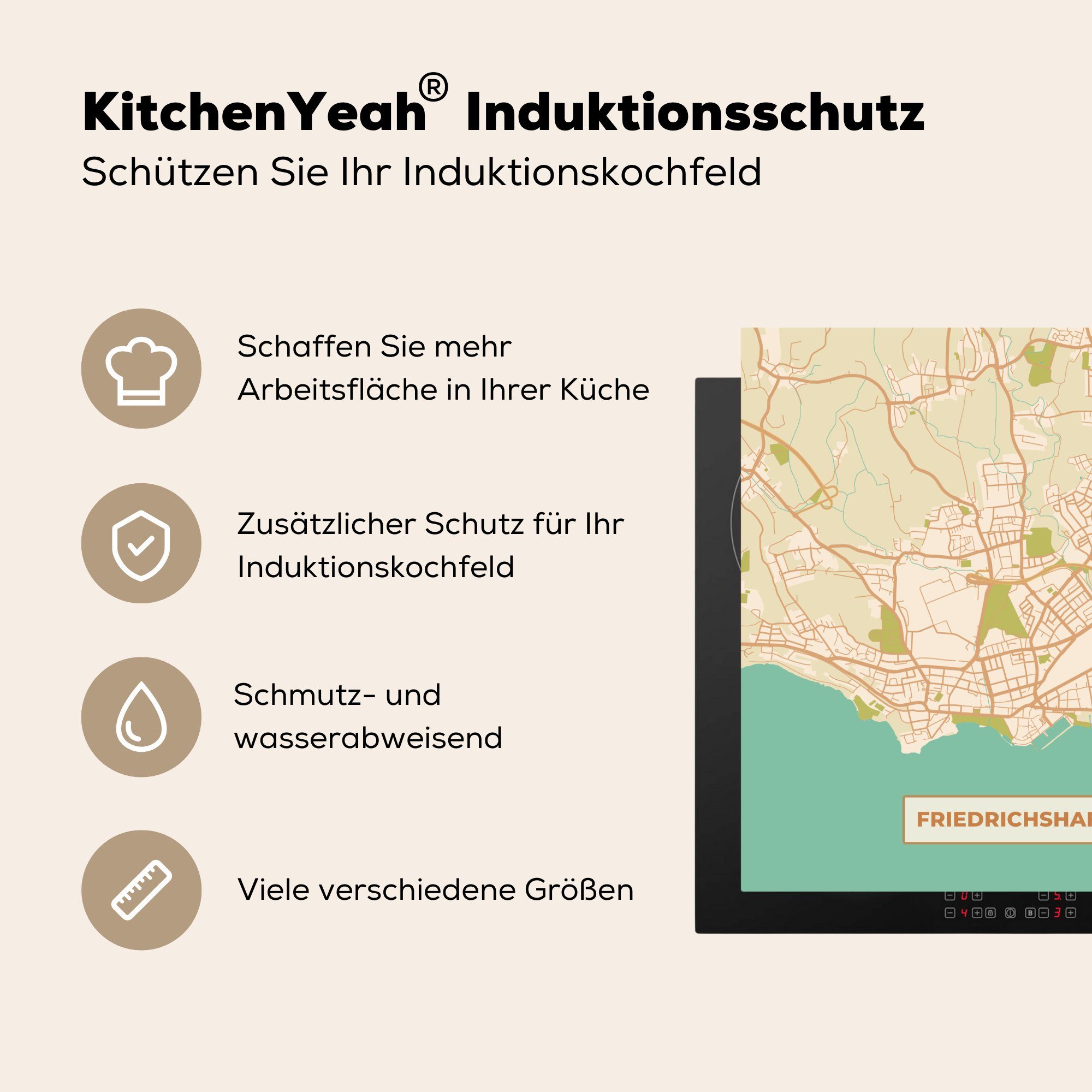 78x78 Herdblende-/Abdeckplatte - Arbeitsplatte Vinyl, Ceranfeldabdeckung, tlg), für - (1 Stadtplan Karte Friedrichshafen - MuchoWow küche cm, Vintage,