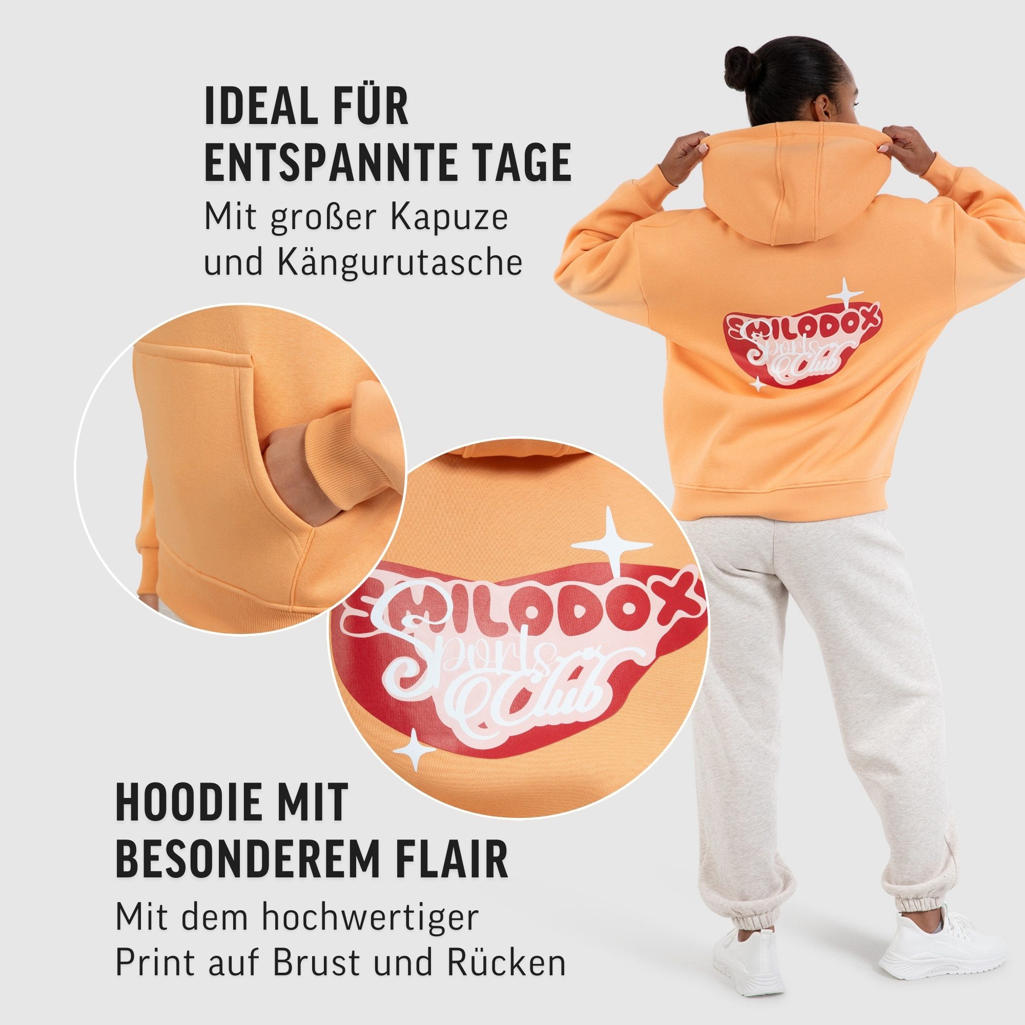 Smilodox Riva, Kapuzenpullover Oversize Fit mit großer Kapuze und Herz Print Stylischer Pulli Großer Print Kängurutasche Sweater Sport Freizeit