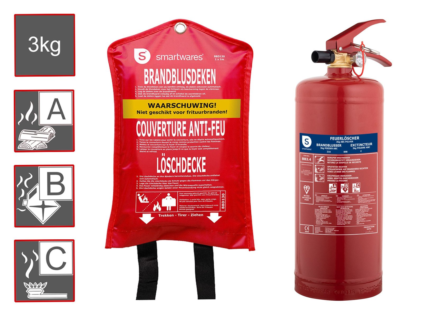 smartwares Pulver-Feuerlöscher, Pulver, als Set mit Löschdecke, für Zuhause Auto, DIN EN 3, Brandklassen A B C