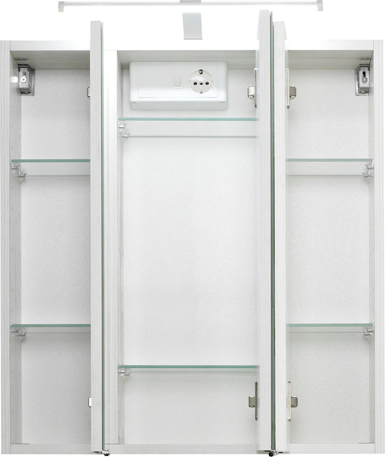 welltime Badmöbel-Set "Trento", Badezimmer-Set, Hängeschrank, Unterschrank, Midischrank, (5-St), Waschbeckenunterschrank, Spiegelschrank inkl. Aufbauleuchte