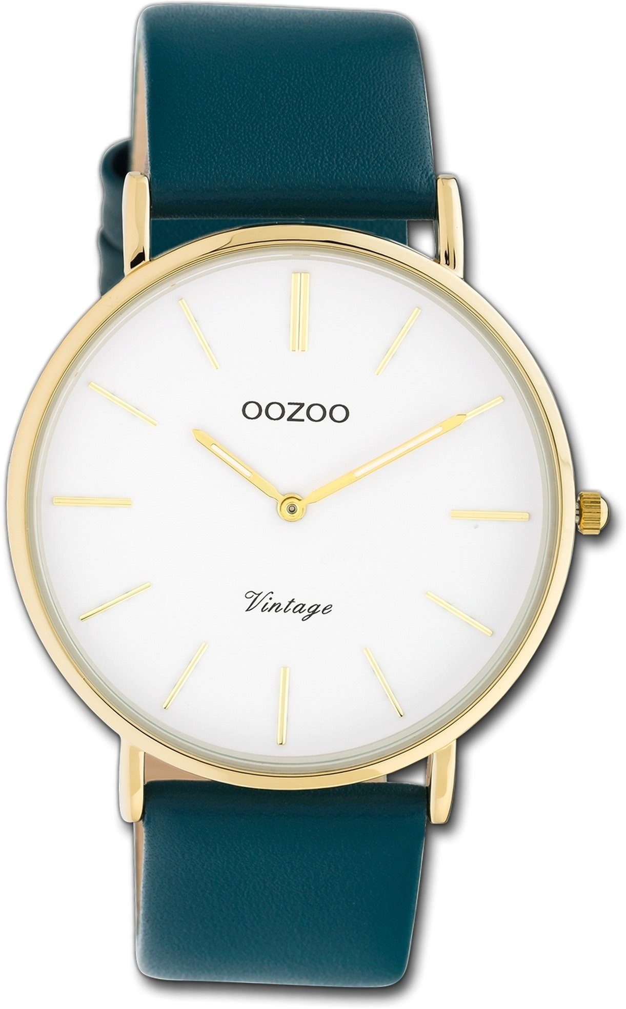 OOZOO Quarzuhr Oozoo Damen Armbanduhr Ultra Slim, Damenuhr Lederarmband türkis, rundes Gehäuse, groß (ca. 40mm) | Quarzuhren