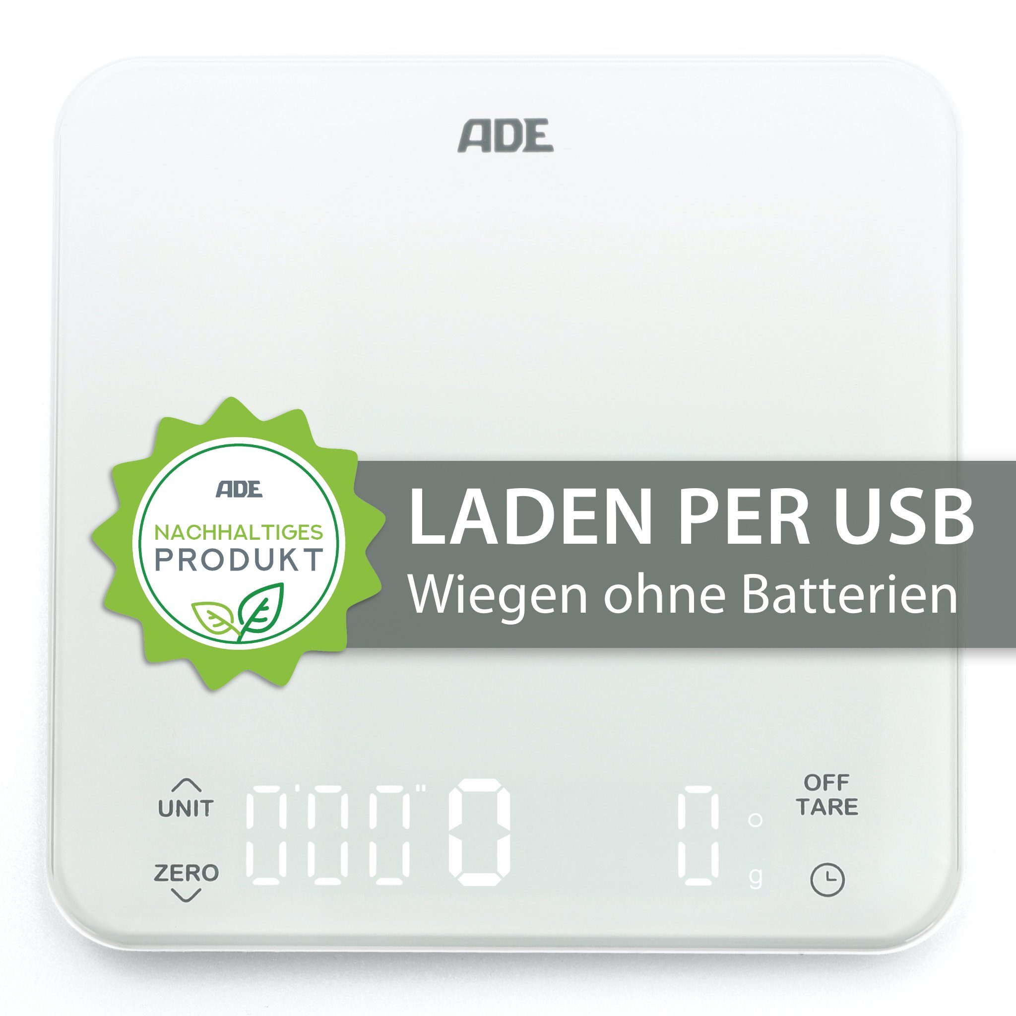 ADE Küchenwaage KE2100 Digitale Waage mit Akku (Aufladen per USB-Kabel),  mit integriertem Timer, perfekt als Kaffeewaage